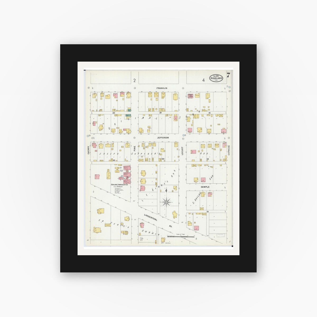 Old map wall art mockup — black gallery frame with white mat — Sanborn Fire Insurance Map from Highland, Madison County, Illinois (1899), Sheet #0007