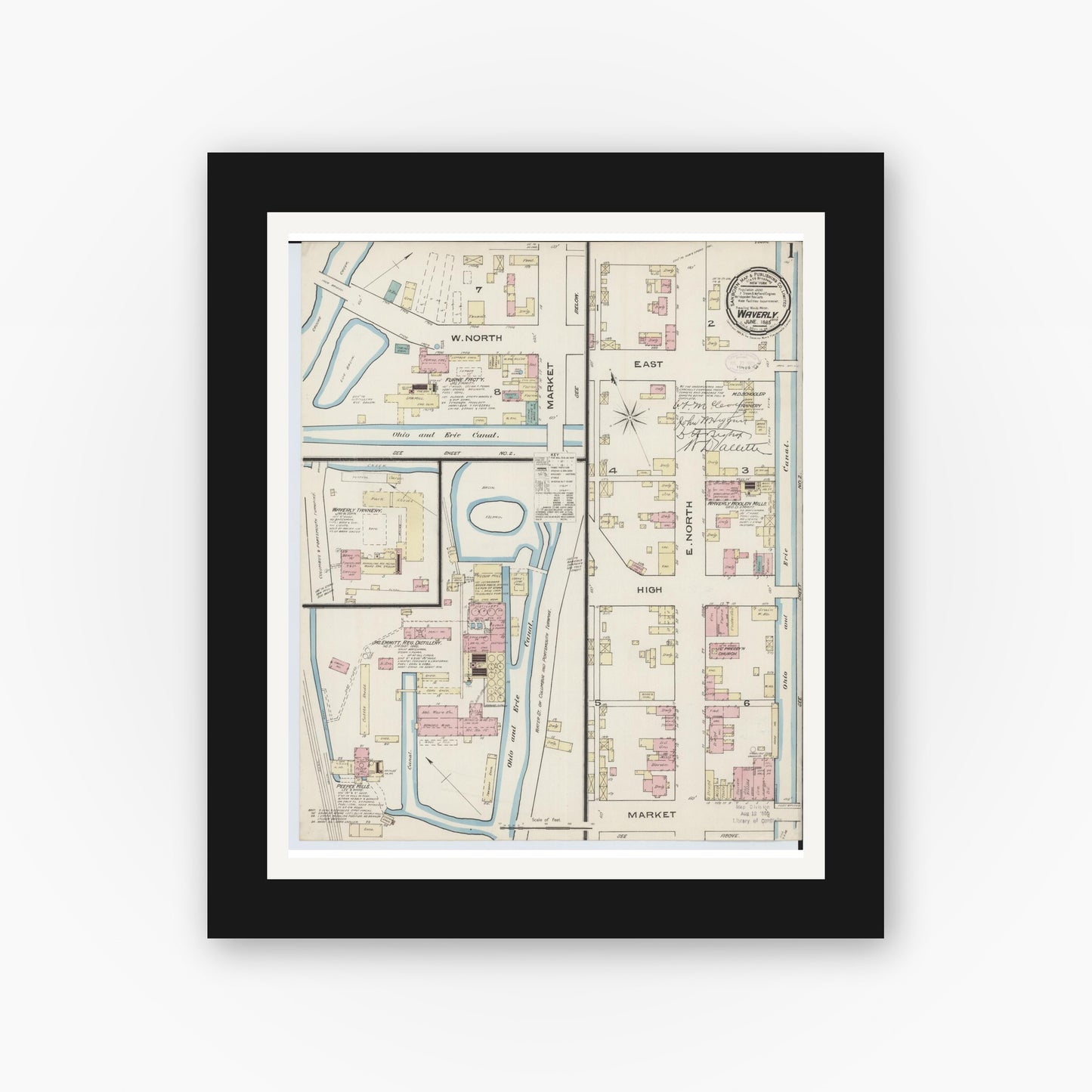 Old map wall art mockup — black gallery frame with white mat — Sanborn Fire Insurance Map from Waverly, Pike County, Ohio (1885) - Complete Map Set