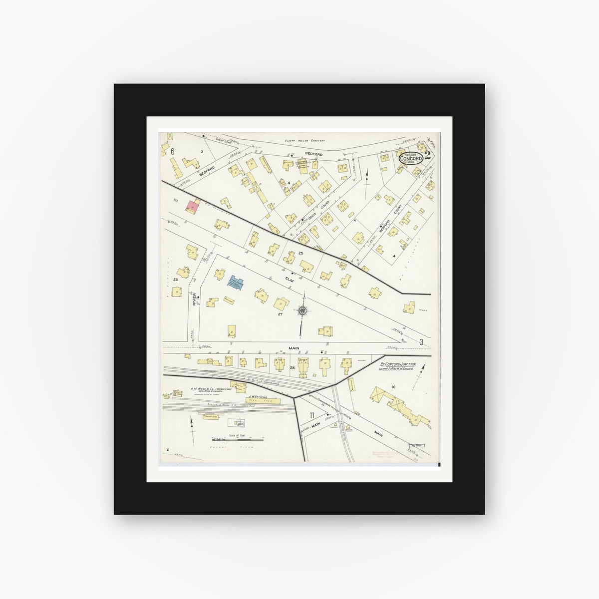 Old map wall art mockup — black gallery frame with white mat — Sanborn Fire Insurance Map from Concord, Middlesex County, Massachusetts (1909), Sheet #0002