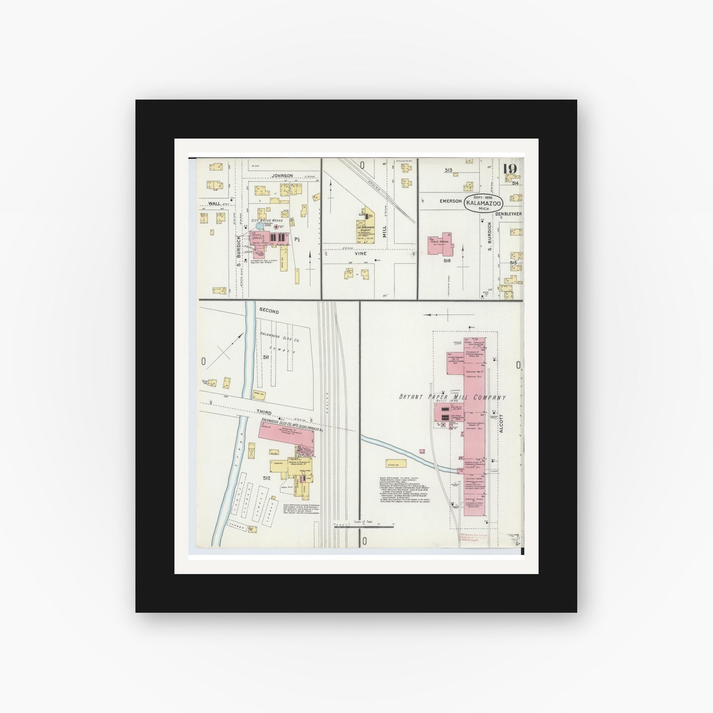 Old map wall art mockup — black gallery frame with white mat — Sanborn Fire Insurance Map from Kalamazoo, Kalamazoo County, Michigan (1896), Sheet #0019