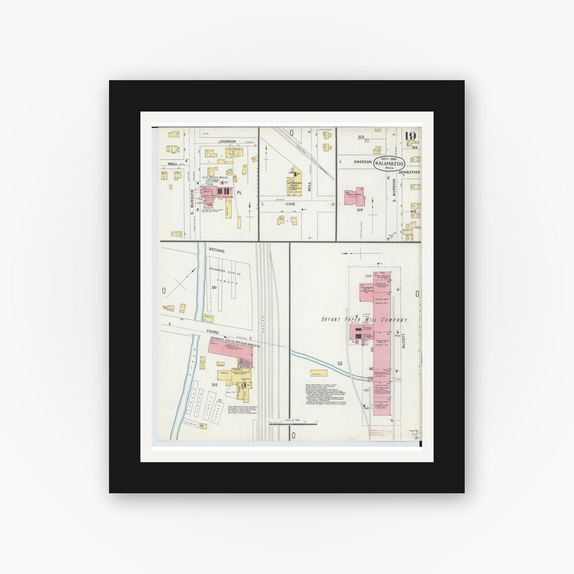 Old map wall art mockup — black gallery frame with white mat — Sanborn Fire Insurance Map from Kalamazoo, Kalamazoo County, Michigan (1896), Sheet #0019