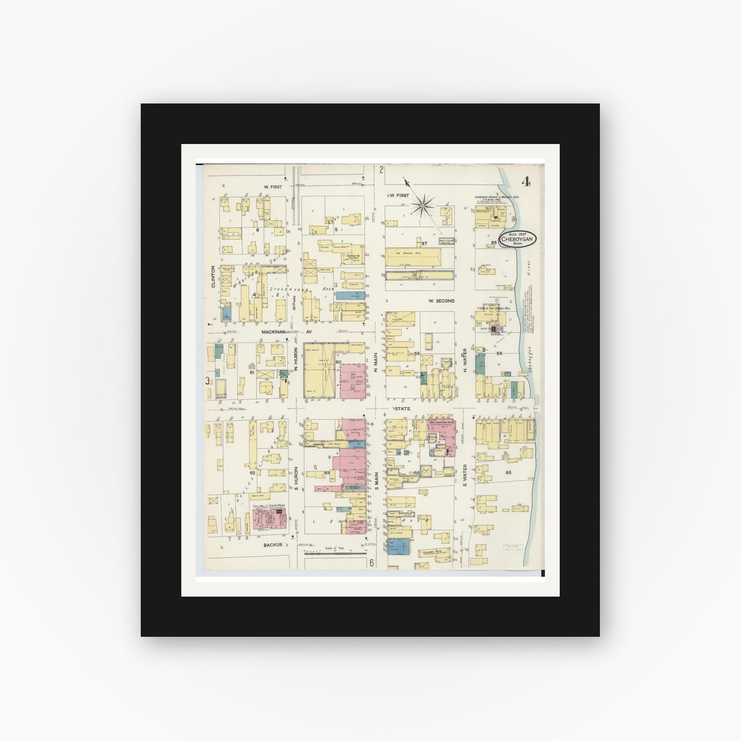 Old map wall art mockup — black gallery frame with white mat — Sanborn Fire Insurance Map from Cheboygan, Cheboygan County, Michigan (1907), Sheet #0004