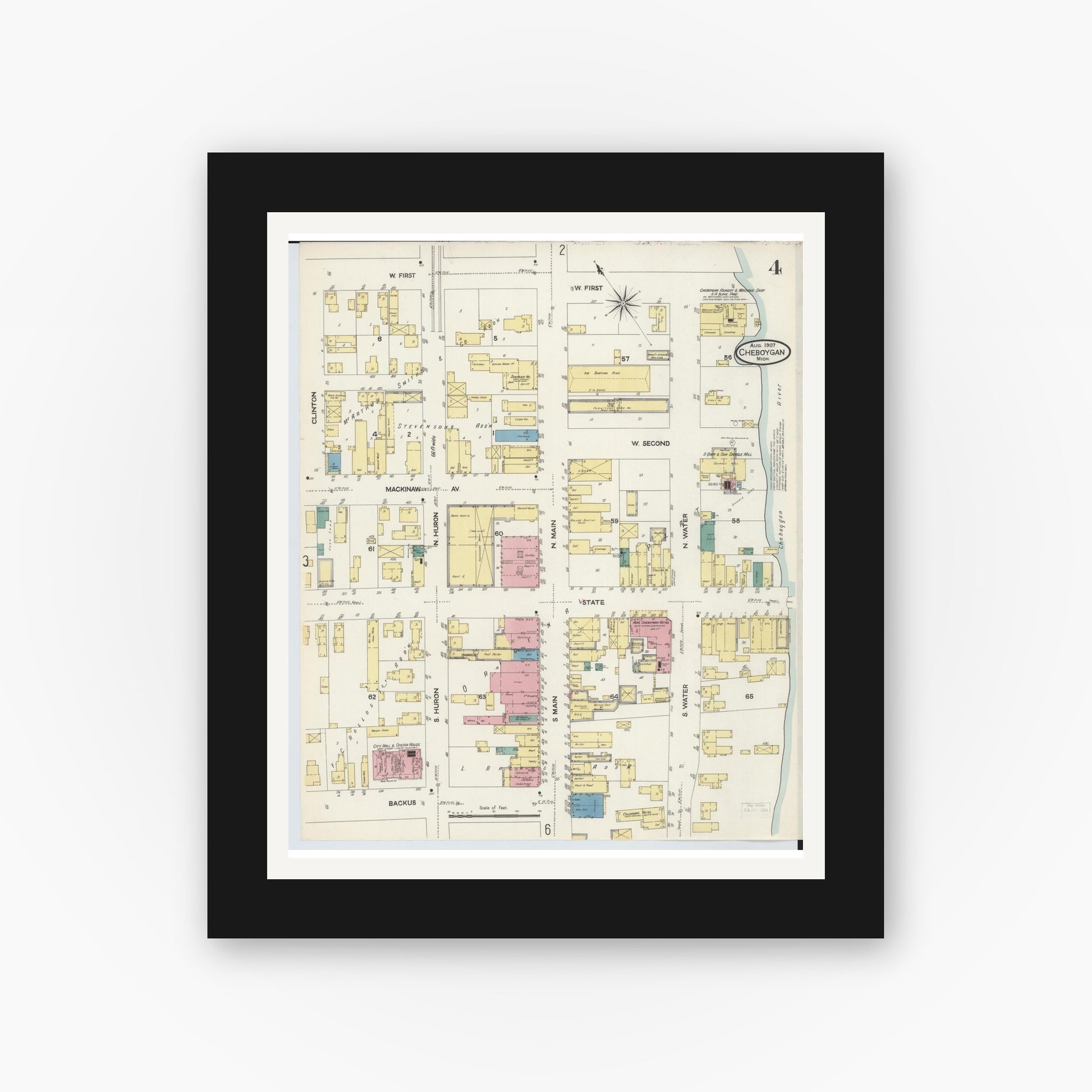 Old map wall art mockup — black gallery frame with white mat — Sanborn Fire Insurance Map from Cheboygan, Cheboygan County, Michigan (1907), Sheet #0004