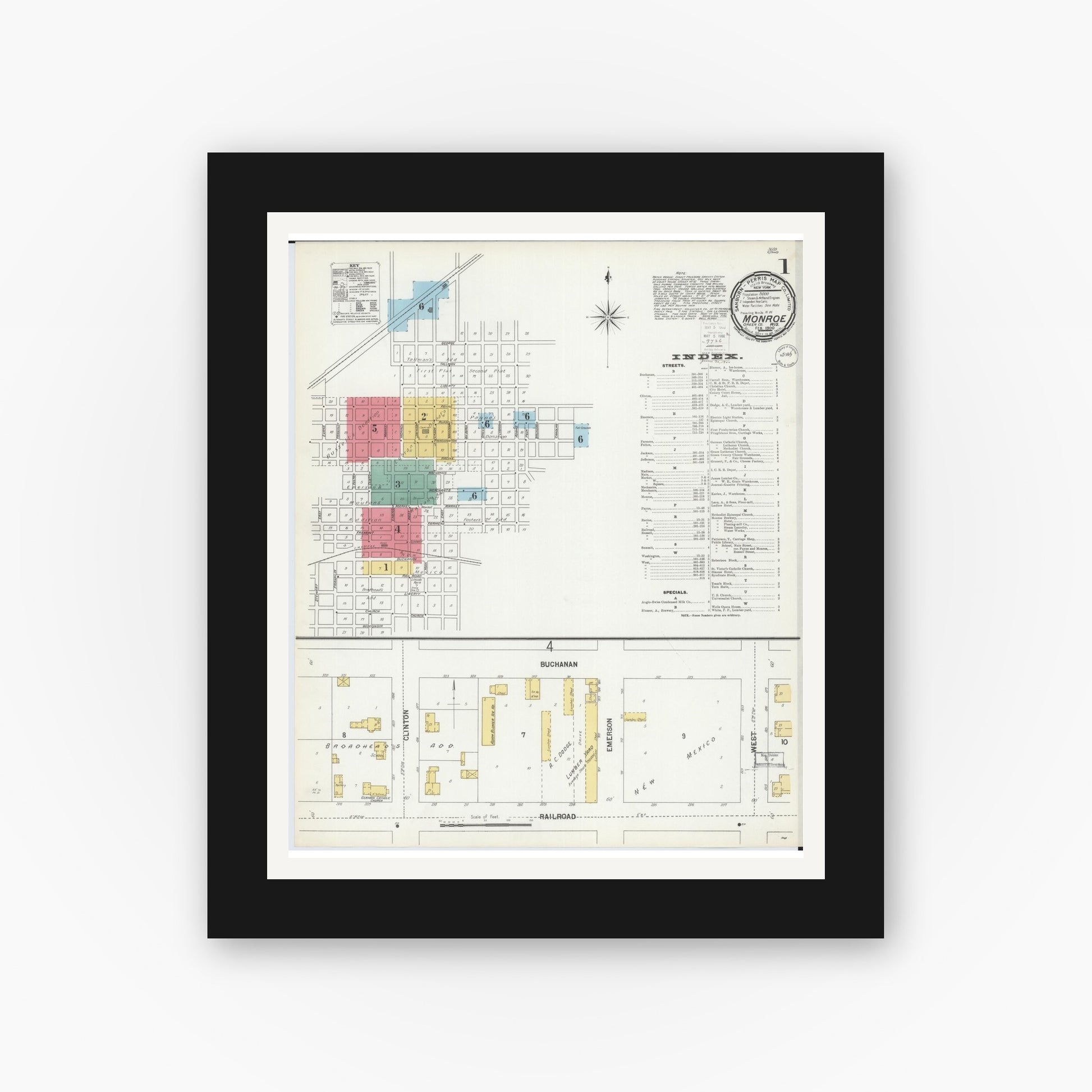 Old map wall art mockup — black gallery frame with white mat — Sanborn Fire Insurance Map from Monroe, Green County, Wisconsin (1900) - Complete Map Set