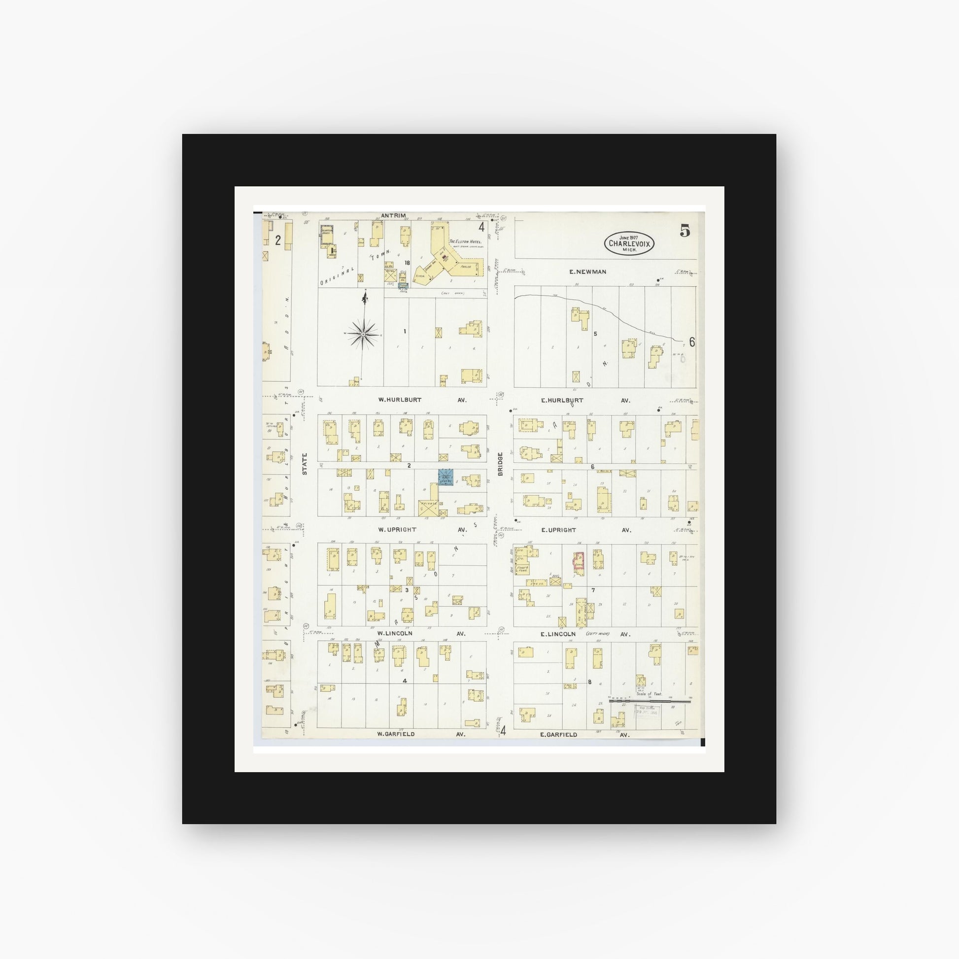 Old map wall art mockup — black gallery frame with white mat — Sanborn Fire Insurance Map from Charlevoix, Charlevoix County, Michigan (1907), Sheet #0005