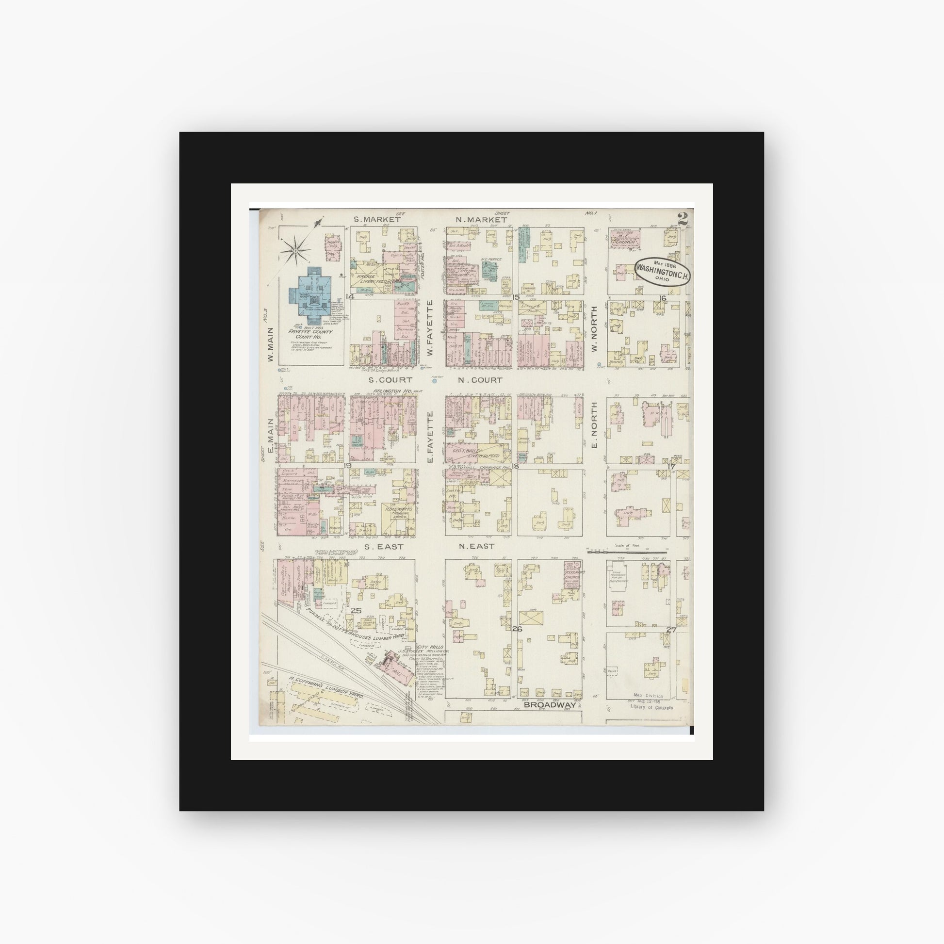 Old map wall art mockup — black gallery frame with white mat — Sanborn Fire Insurance Map from Washington Court House, Fayette County, Ohio (1886), Sheet #0002