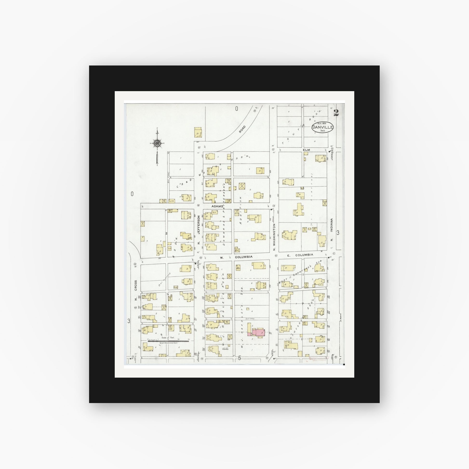 Old map wall art mockup — black gallery frame with white mat — Sanborn Fire Insurance Map from Danville, Hendricks County, Indiana (1920), Sheet #0002