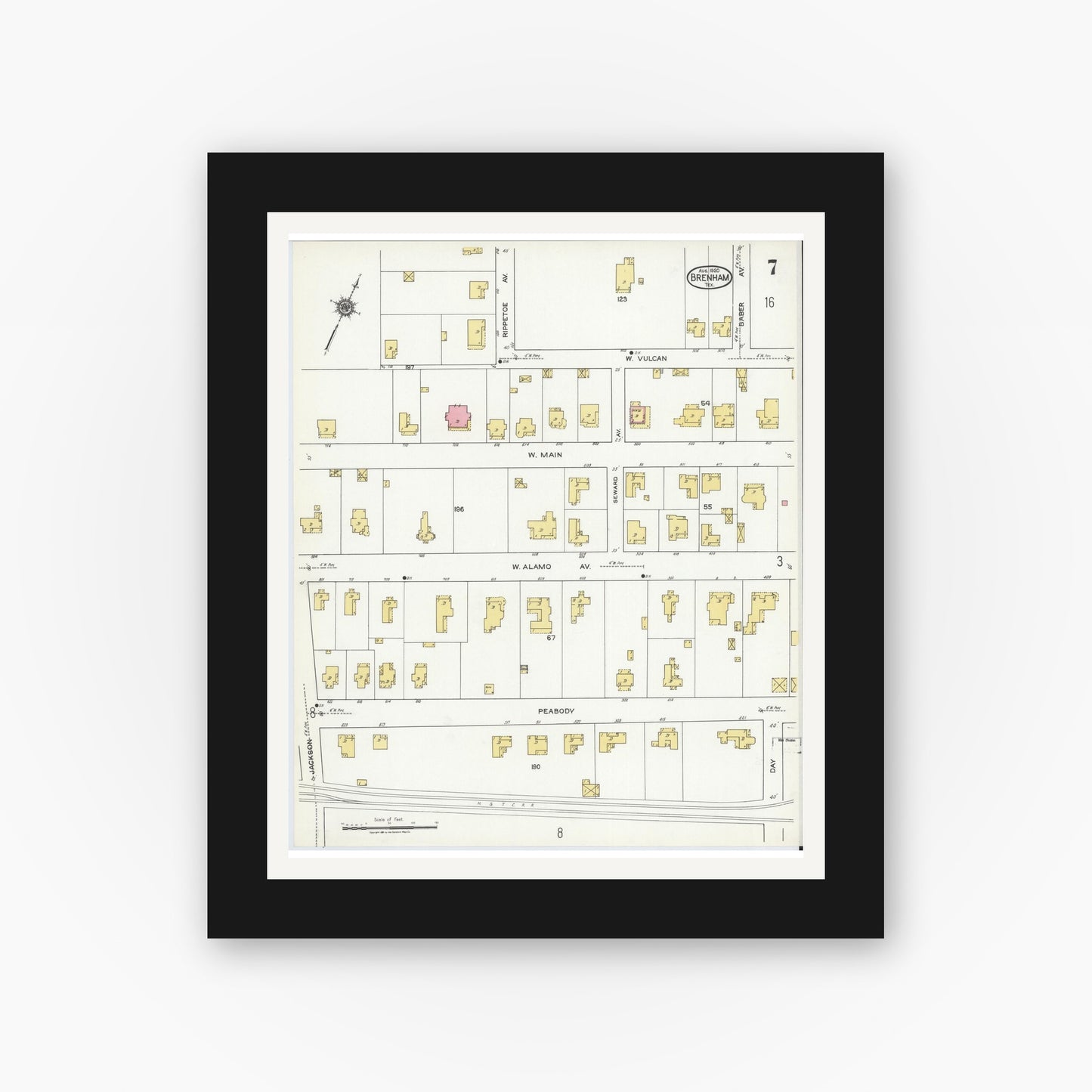 Old map wall art mockup — black gallery frame with white mat — Sanborn Fire Insurance Map from Brenham, Washington County, Texas (1920), Sheet #0007