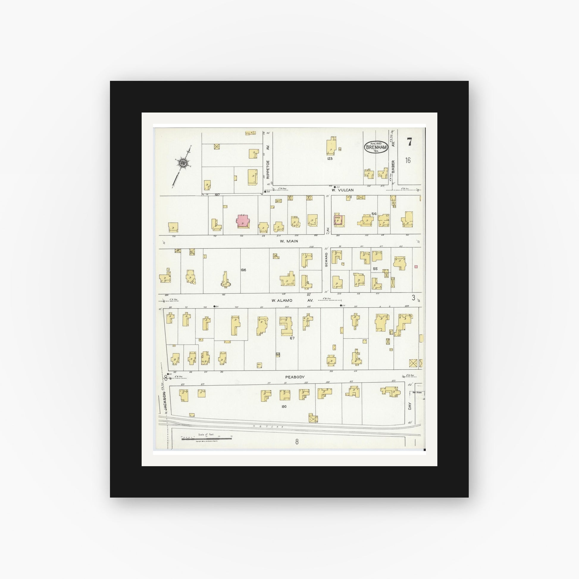Old map wall art mockup — black gallery frame with white mat — Sanborn Fire Insurance Map from Brenham, Washington County, Texas (1920), Sheet #0007