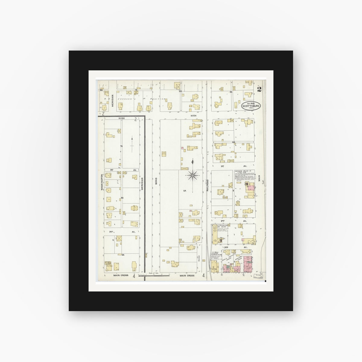 Old map wall art mockup — black gallery frame with white mat — Sanborn Fire Insurance Map from Scottsburg, Scott County, Indiana (1906), Sheet #0002