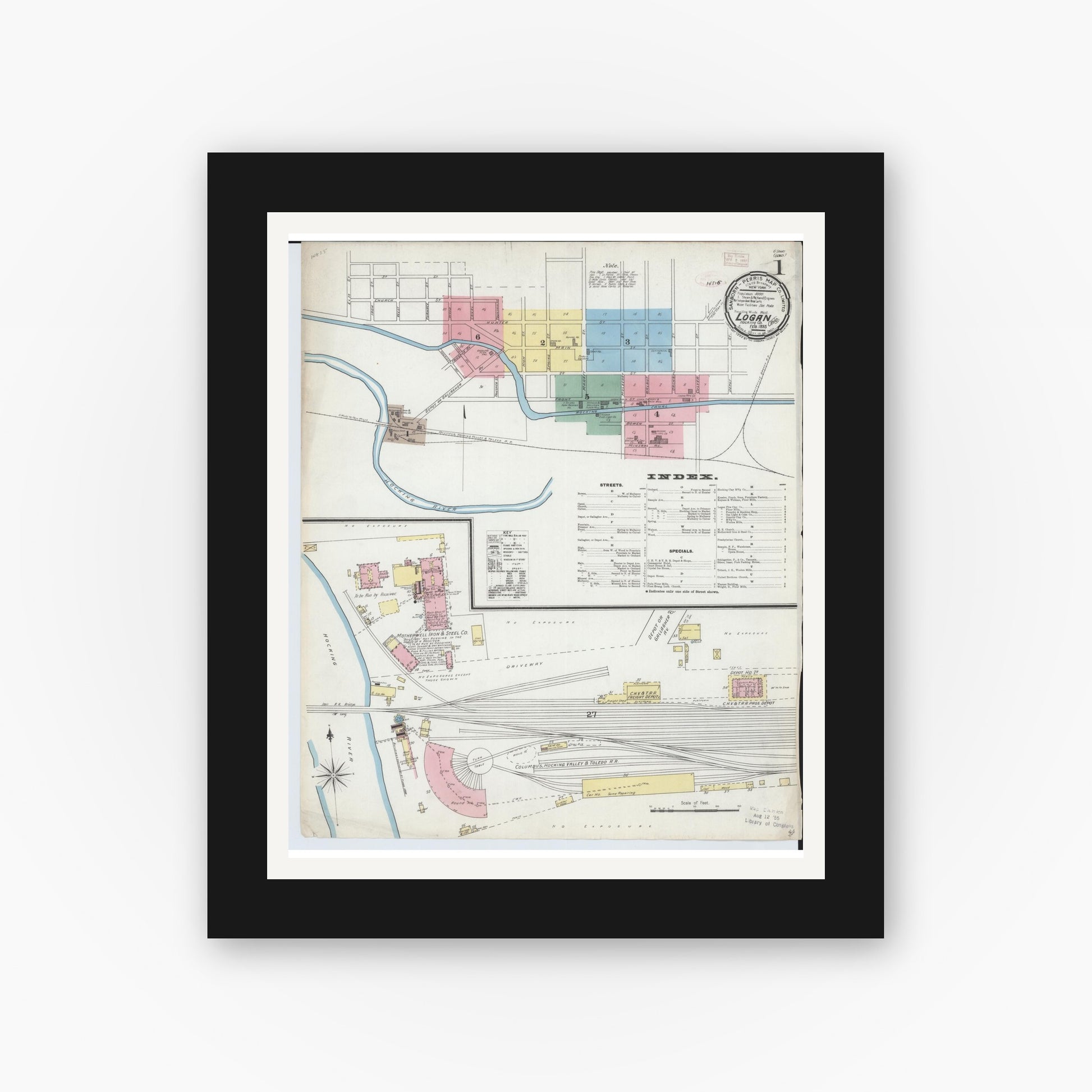 Old map wall art mockup — black gallery frame with white mat — Sanborn Fire Insurance Map from Logan, Hocking County, Ohio (1893), Sheet #0001