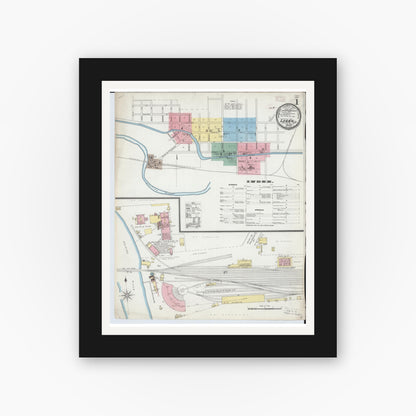 Old map wall art mockup — black gallery frame with white mat — Sanborn Fire Insurance Map from Logan, Hocking County, Ohio (1893), Sheet #0001
