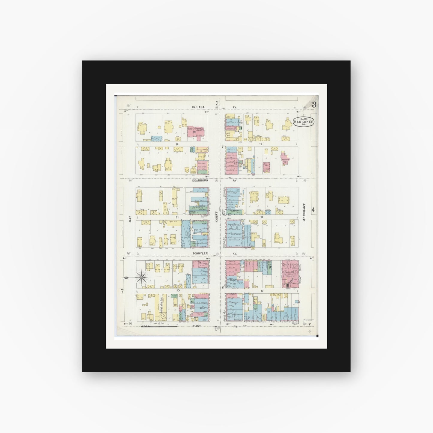 Old map wall art mockup — black gallery frame with white mat — Sanborn Fire Insurance Map from Kankakee, Kankakee County, Illinois (1896), Sheet #0003