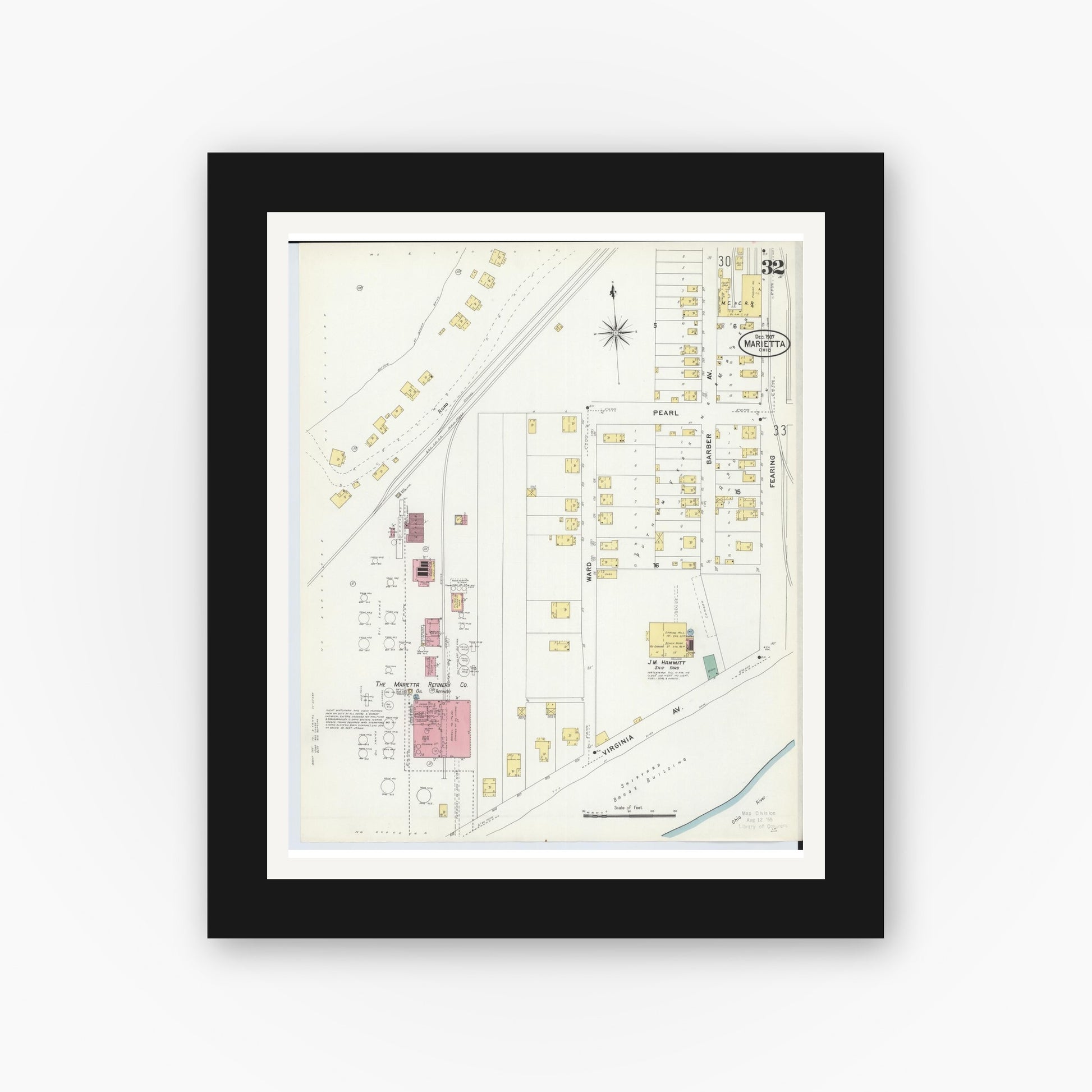 Old map wall art mockup — black gallery frame with white mat — Sanborn Fire Insurance Map from Marietta, Washington County, Ohio (1907), Sheet #0032