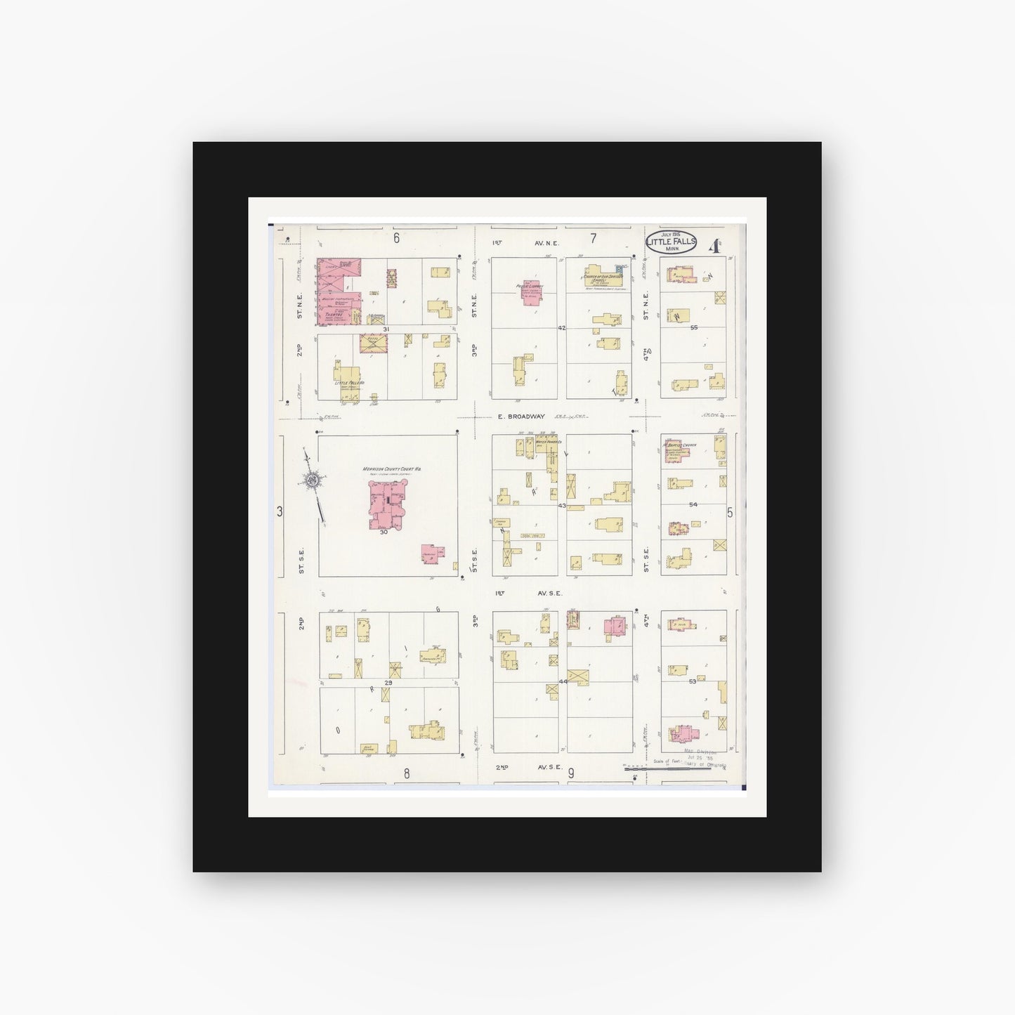 Old map wall art mockup — black gallery frame with white mat — Sanborn Fire Insurance Map from Little Falls, Morrison County, Minnesota (1915), Sheet #0004