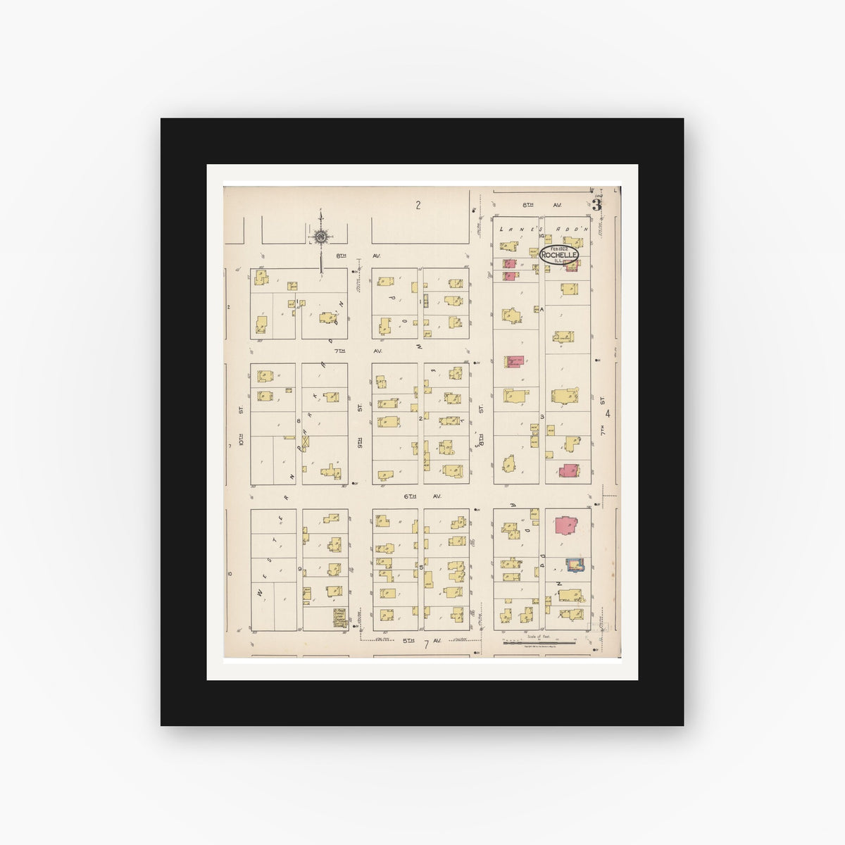 Old map wall art mockup — black gallery frame with white mat — Sanborn Fire Insurance Map from Rochelle, Ogle County, Illinois (1922), Sheet #0003
