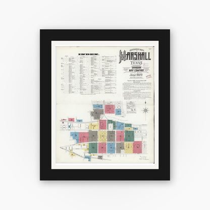 Old map wall art mockup — black gallery frame with white mat — Sanborn Fire Insurance Map from Marshall, Harrison County, Texas (1909) - Complete Map Set