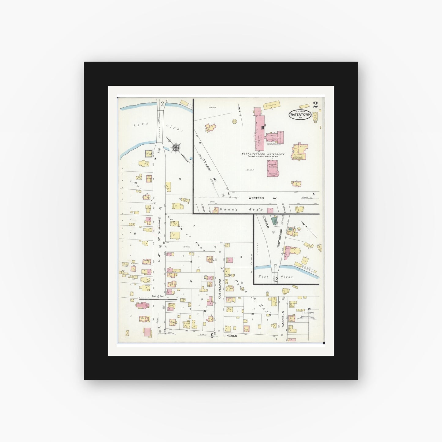 Old map wall art mockup — black gallery frame with white mat — Sanborn Fire Insurance Map from Watertown, Jefferson County, Wisconsin (1909), Sheet #0002