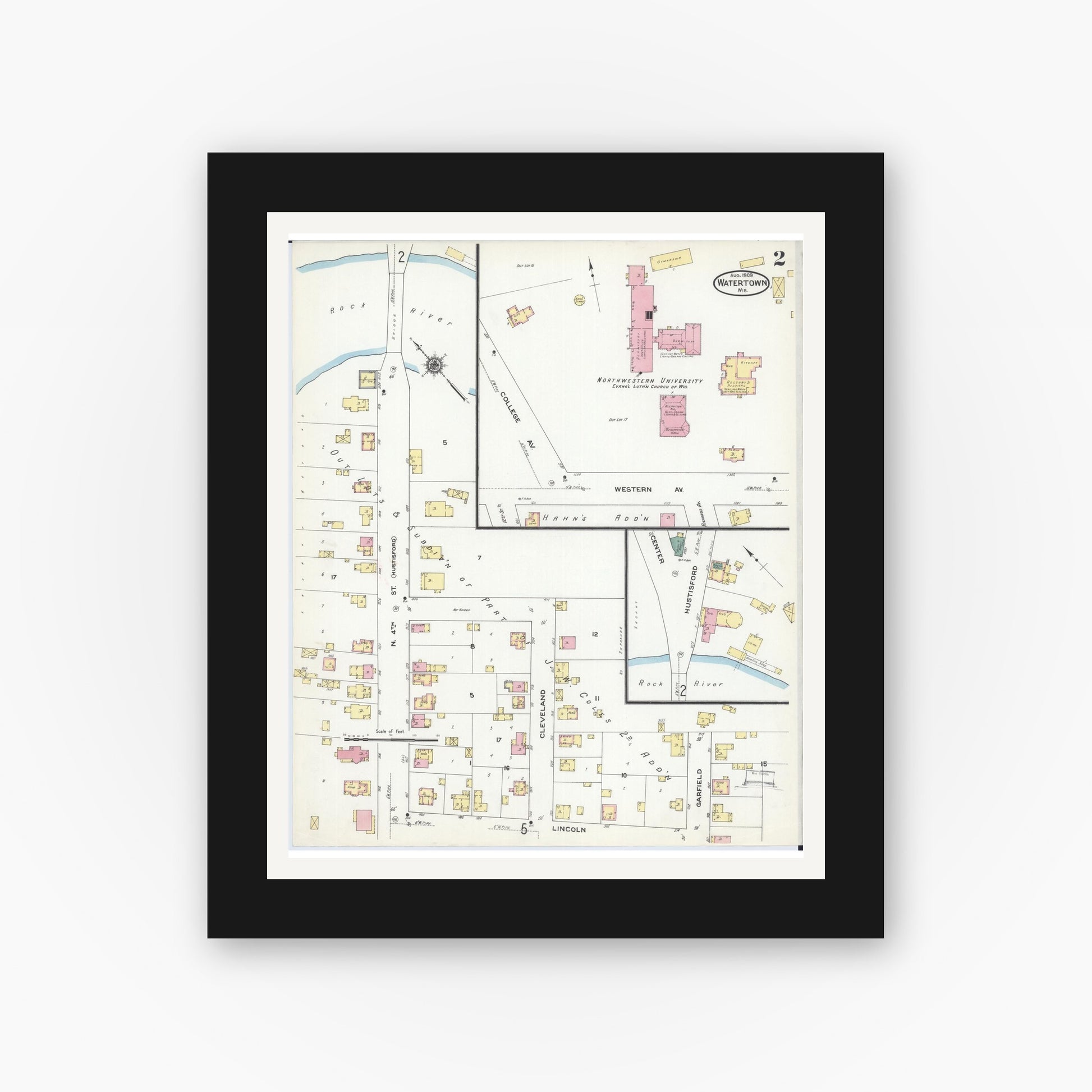 Old map wall art mockup — black gallery frame with white mat — Sanborn Fire Insurance Map from Watertown, Jefferson County, Wisconsin (1909), Sheet #0002