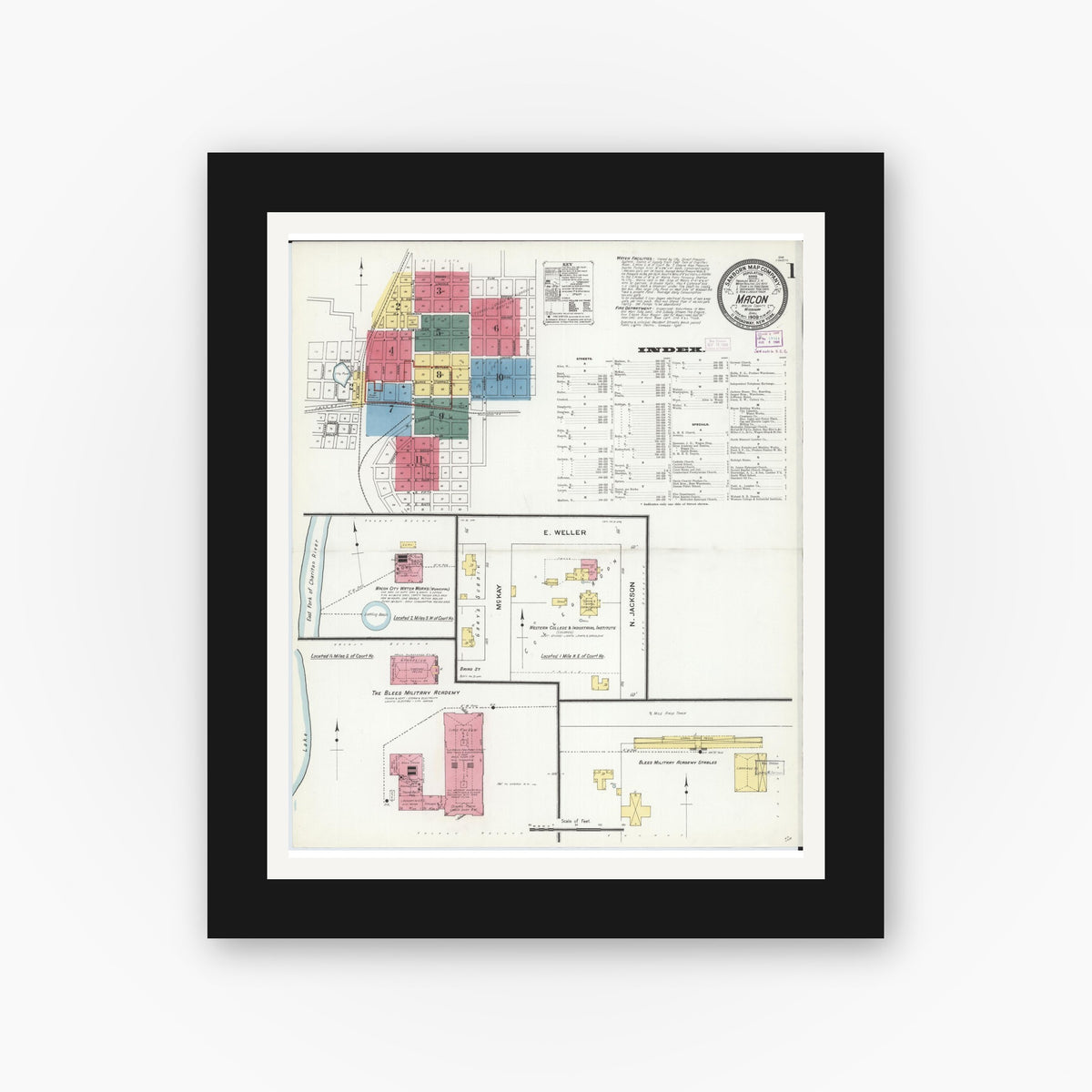 Old map wall art mockup — black gallery frame with white mat — Sanborn Fire Insurance Map from Macon, Macon County, Missouri (1909), Sheet #0001