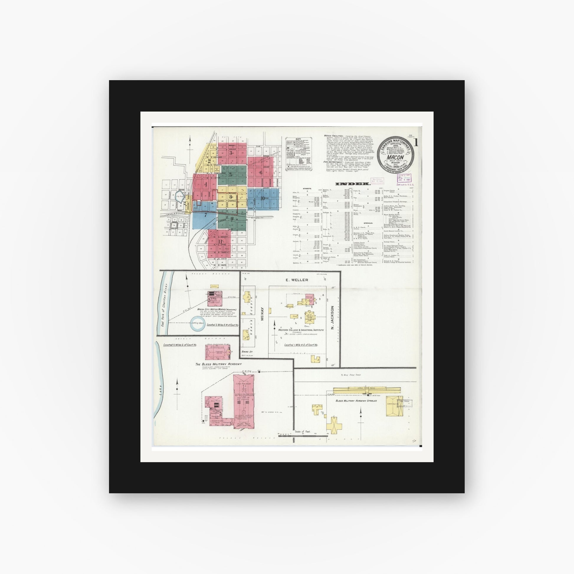 Old map wall art mockup — black gallery frame with white mat — Sanborn Fire Insurance Map from Macon, Macon County, Missouri (1909), Sheet #0001