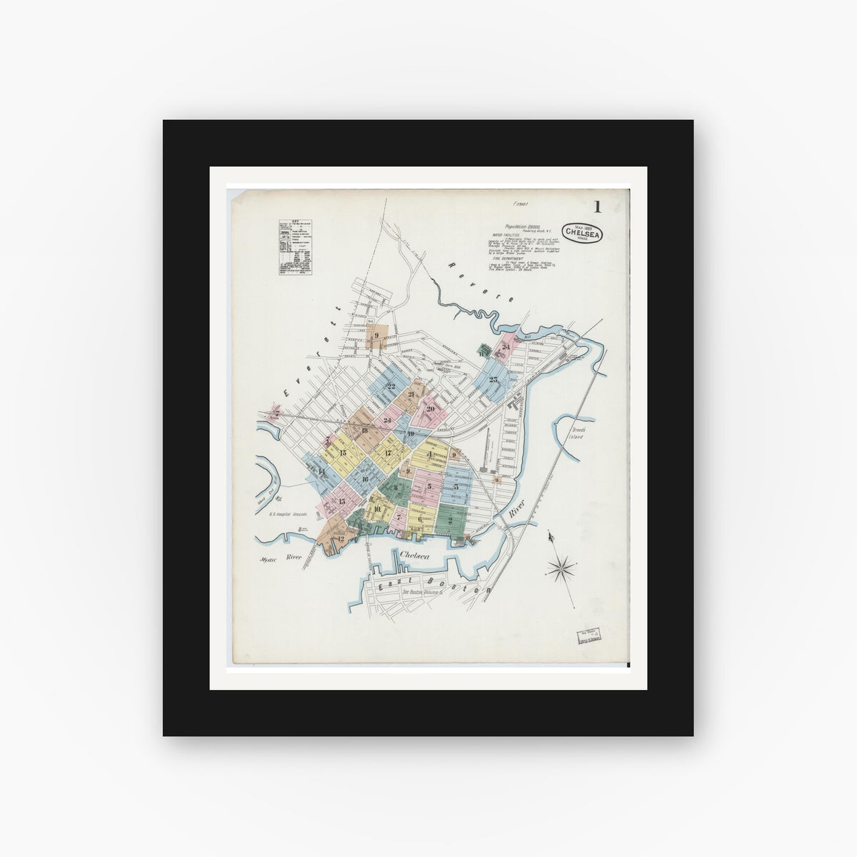 Old map wall art mockup — black gallery frame with white mat — Sanborn Fire Insurance Map from Chelsea, Suffolk County, Massachusetts (1889), Sheet #0001
