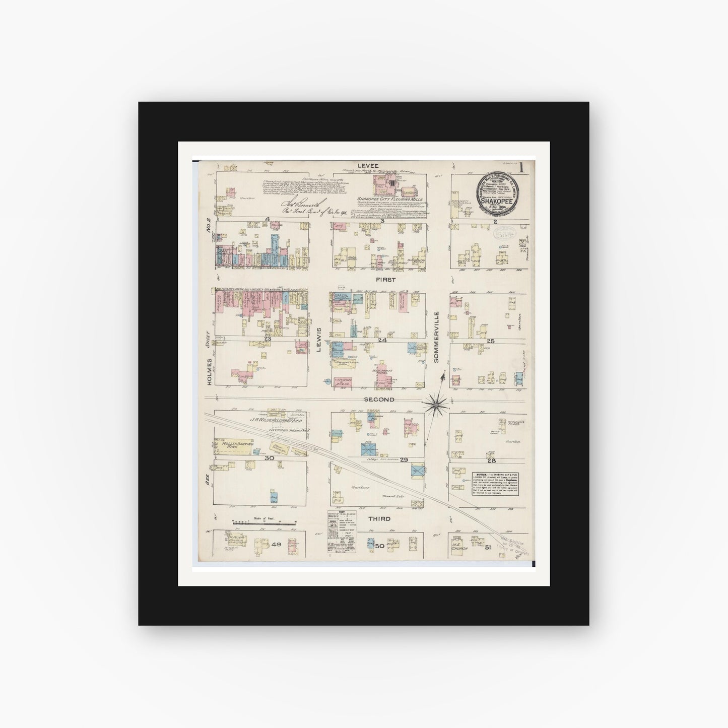 Old map wall art mockup — black gallery frame with white mat — Sanborn Fire Insurance Map from Shakopee, Scott County, Minnesota (1884) - Complete Map Set