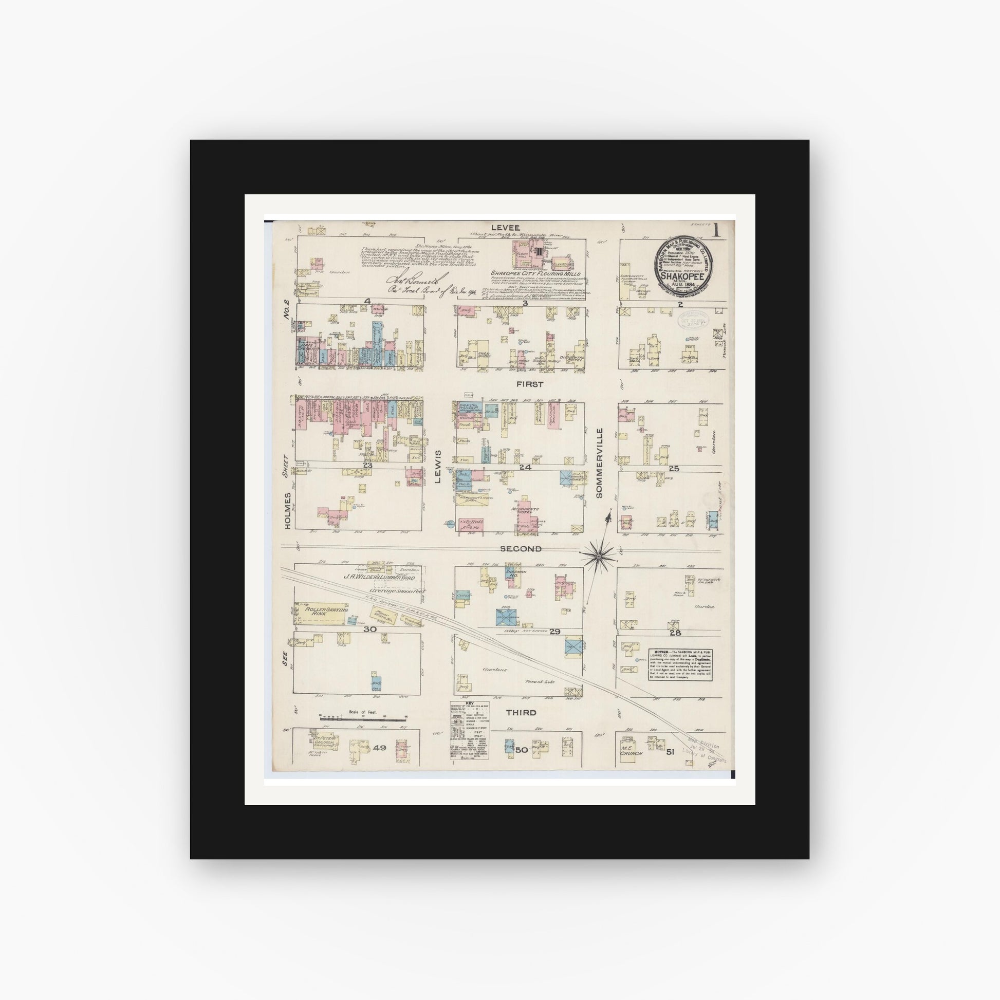 Old map wall art mockup — black gallery frame with white mat — Sanborn Fire Insurance Map from Shakopee, Scott County, Minnesota (1884) - Complete Map Set