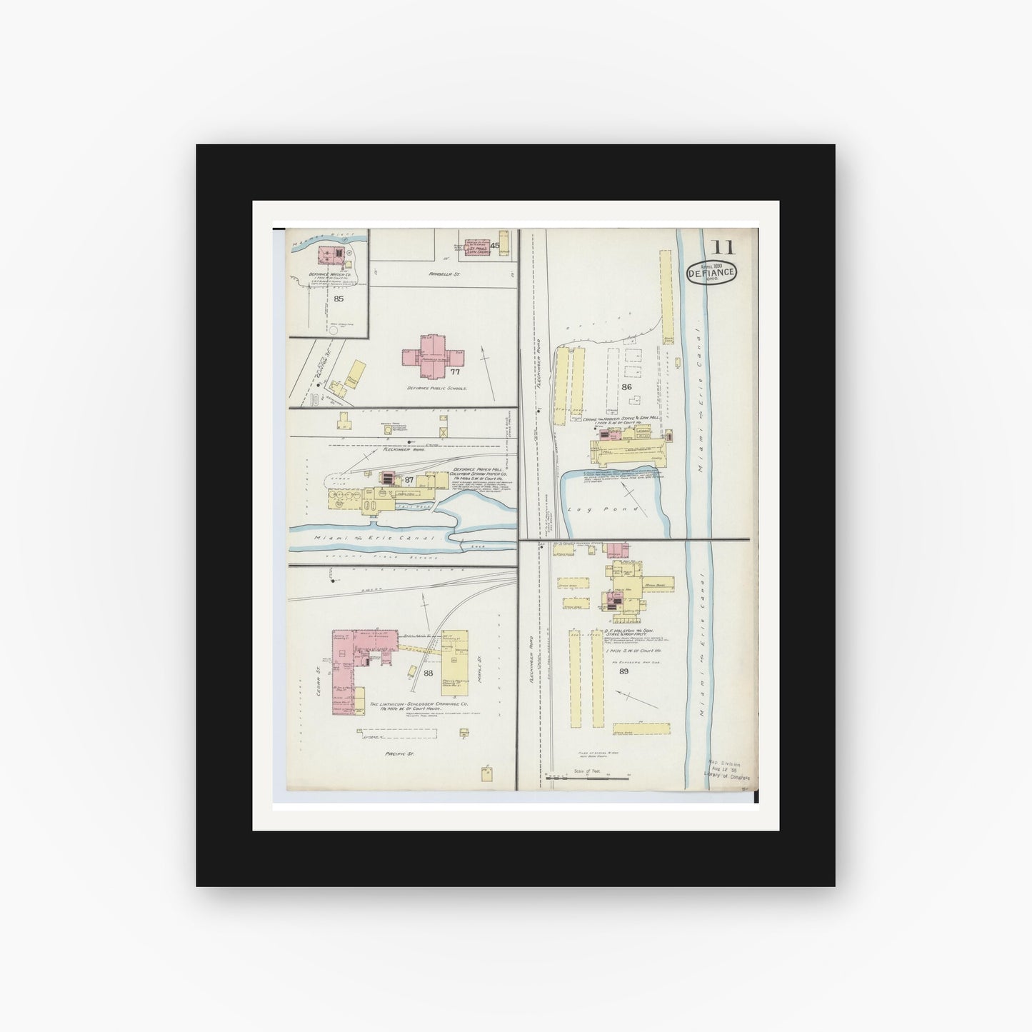 Old map wall art mockup — black gallery frame with white mat — Sanborn Fire Insurance Map from Defiance, Defiance County, Ohio (1893), Sheet #0011