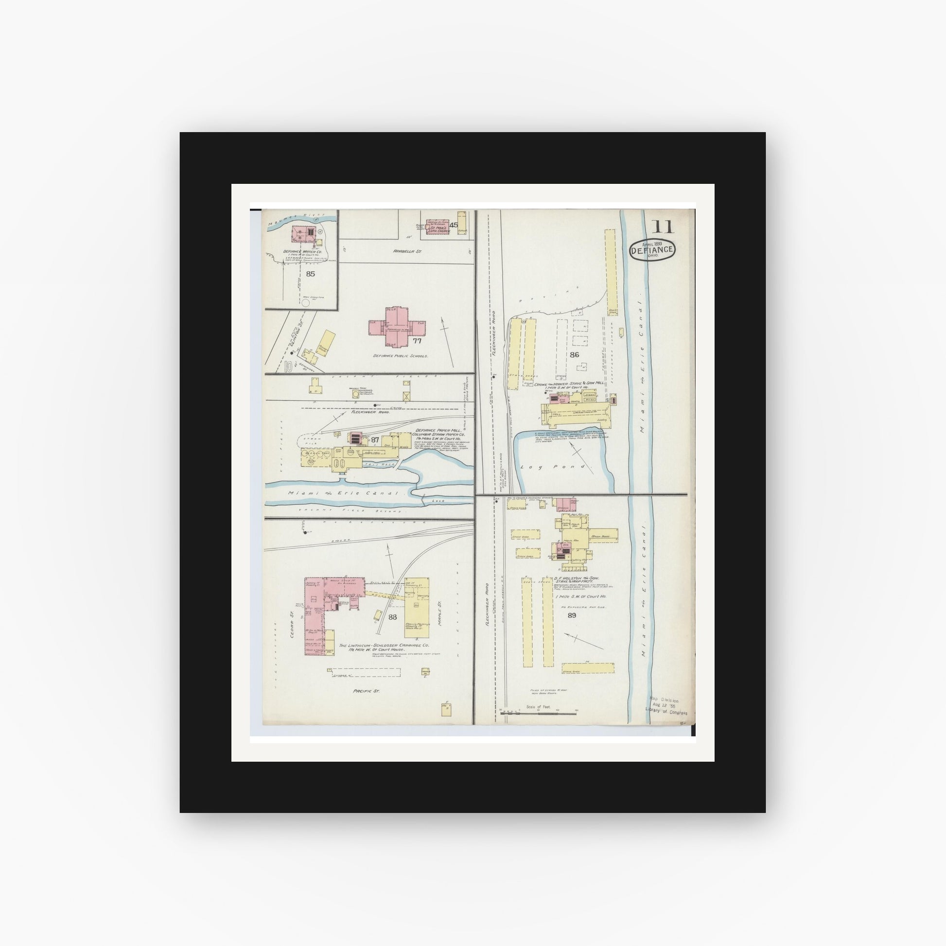 Old map wall art mockup — black gallery frame with white mat — Sanborn Fire Insurance Map from Defiance, Defiance County, Ohio (1893), Sheet #0011