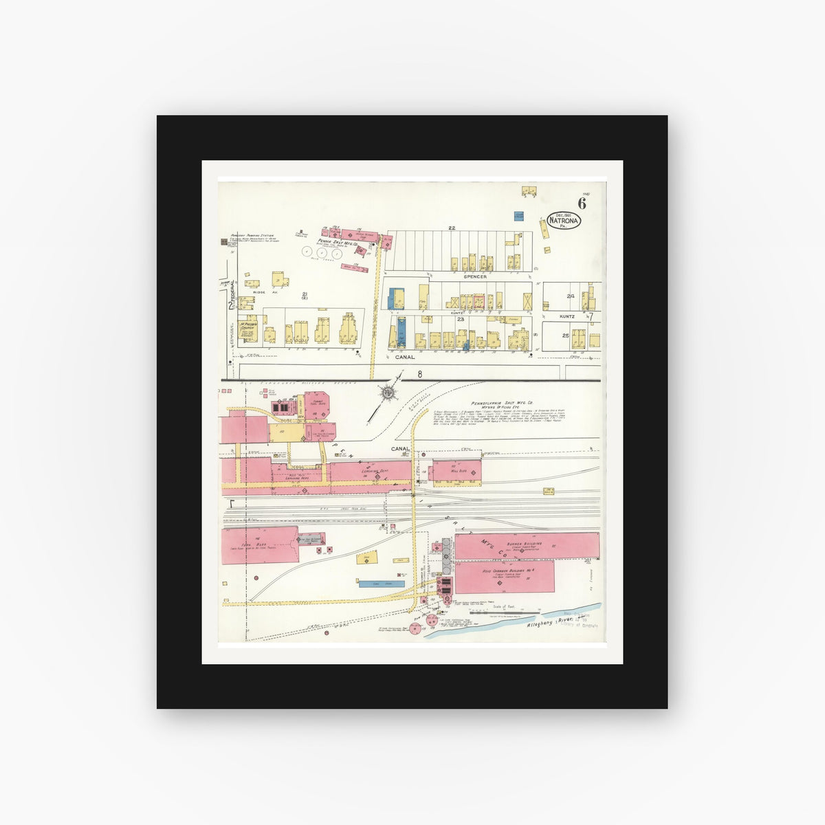 Old map wall art mockup — black gallery frame with white mat — Sanborn Fire Insurance Map from Natrona, Allegheny County, Pennsylvania (1921), Sheet #0006