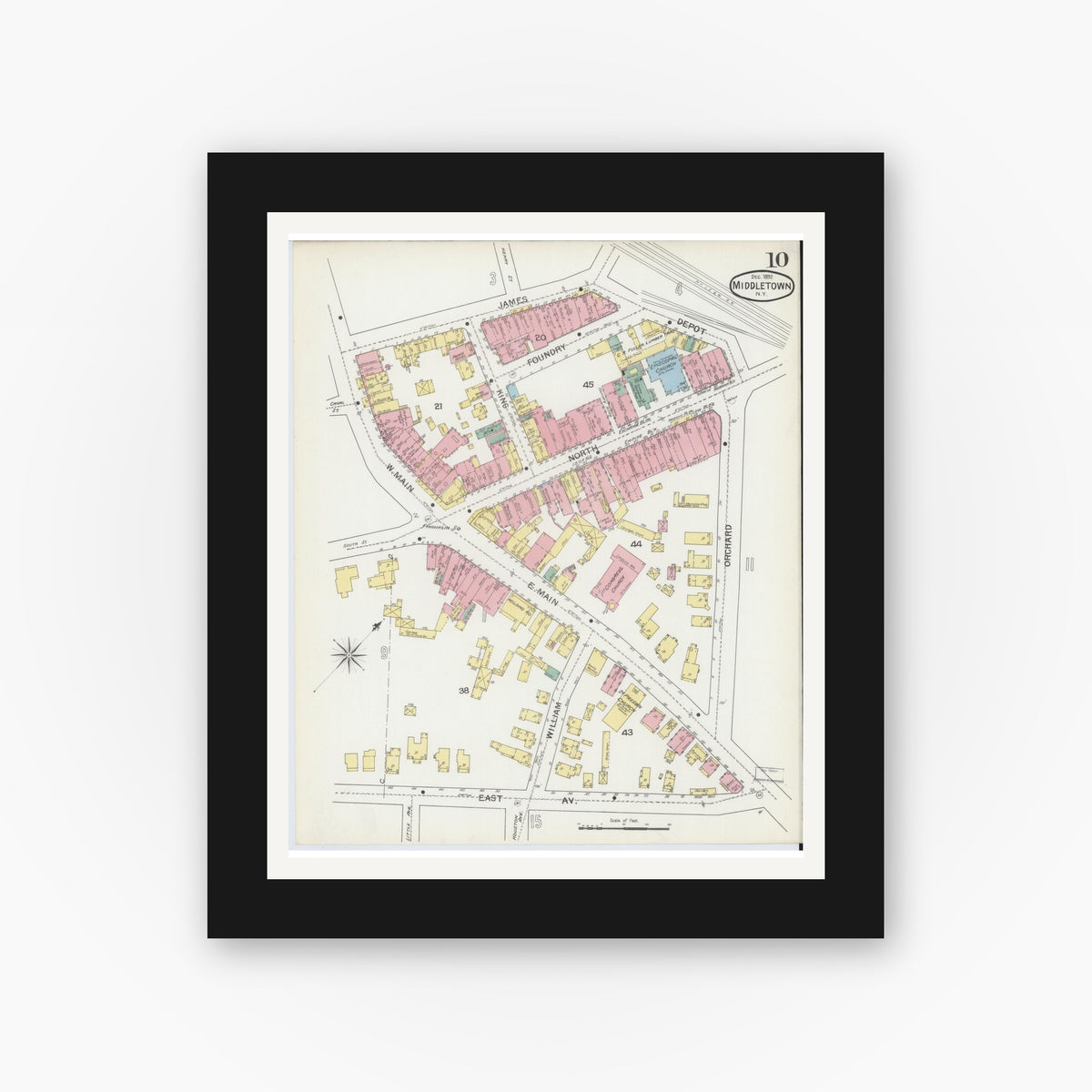 Old map wall art mockup — black gallery frame with white mat — Sanborn Fire Insurance Map from Middletown, Orange County, New York (1892), Sheet #0010