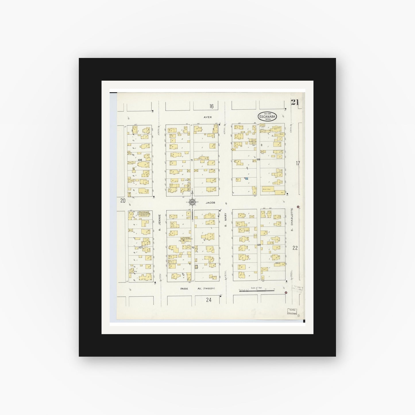 Old map wall art mockup — black gallery frame with white mat — Sanborn Fire Insurance Map from Escanaba, Delta County, Michigan (1913), Sheet #0021