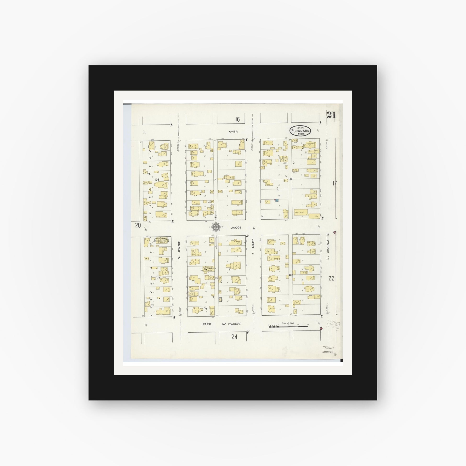 Old map wall art mockup — black gallery frame with white mat — Sanborn Fire Insurance Map from Escanaba, Delta County, Michigan (1913), Sheet #0021