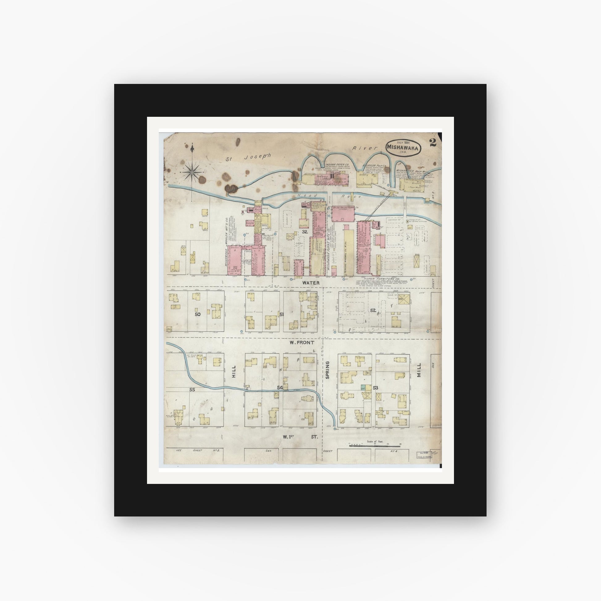 Old map wall art mockup — black gallery frame with white mat — Sanborn Fire Insurance Map from Mishawaka, Saint Joseph County, Indiana (1891), Sheet #0002