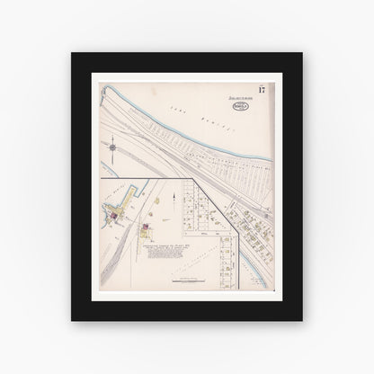 Old map wall art mockup — black gallery frame with white mat — Sanborn Fire Insurance Map from Bemidji, Beltrami County, Minnesota (1922), Sheet #0017