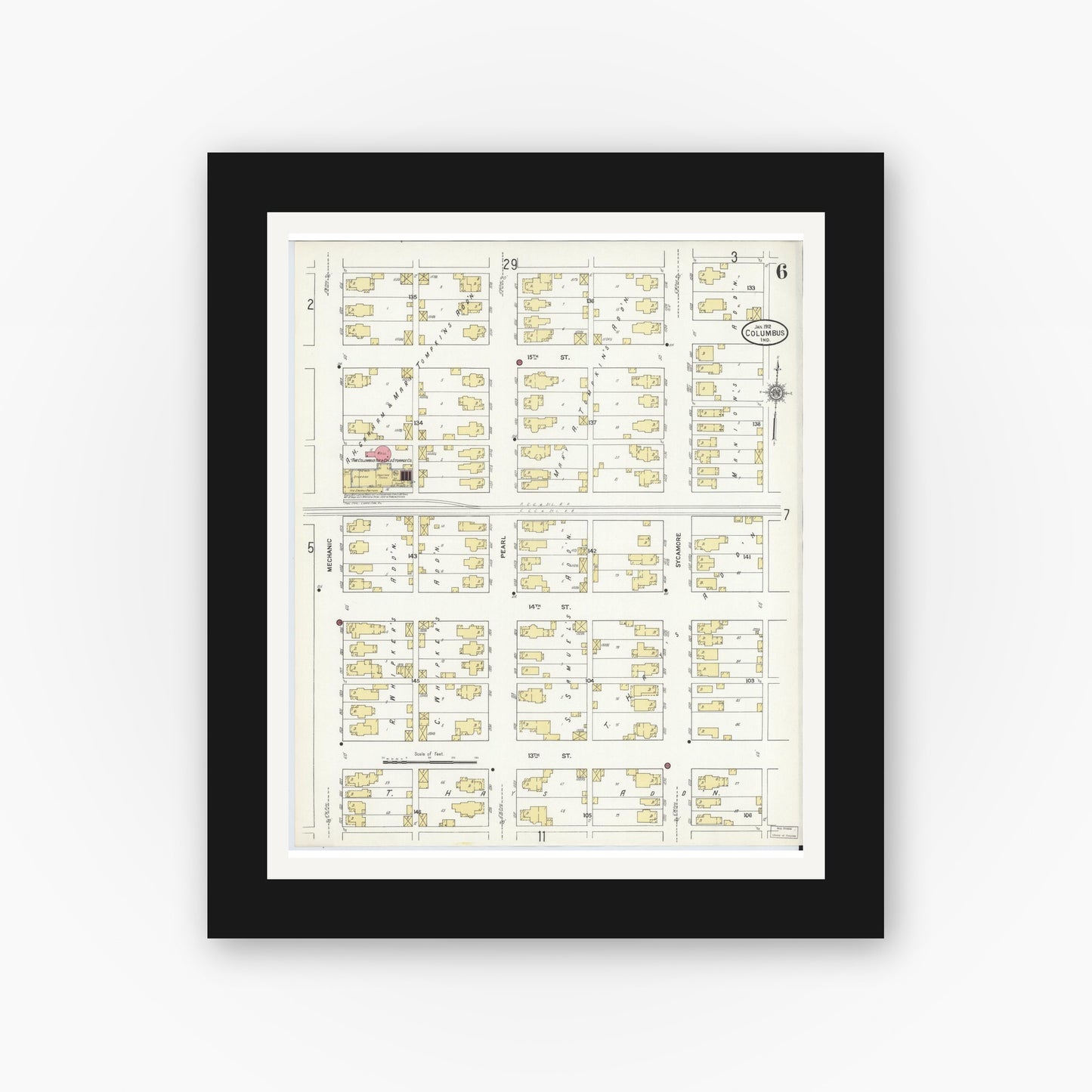 Old map wall art mockup — black gallery frame with white mat — Sanborn Fire Insurance Map from Columbus, Bartholomew County, Indiana (1912), Sheet #0006
