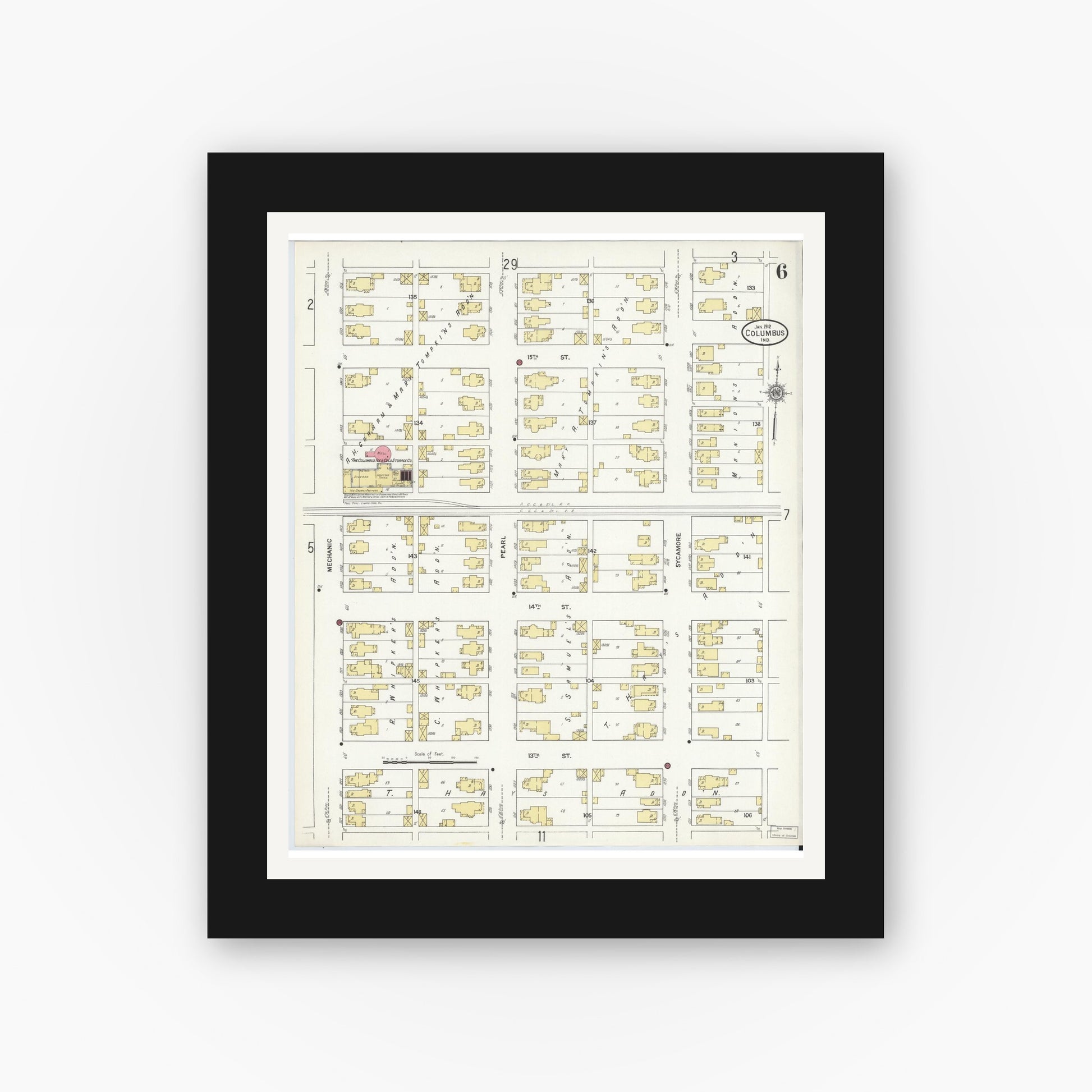 Old map wall art mockup — black gallery frame with white mat — Sanborn Fire Insurance Map from Columbus, Bartholomew County, Indiana (1912), Sheet #0006