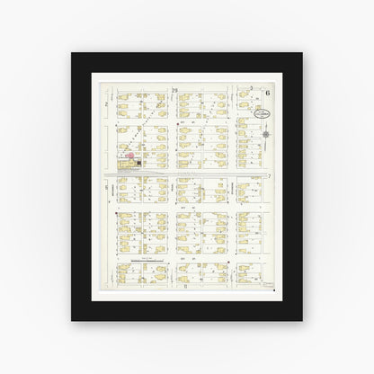 Old map wall art mockup — black gallery frame with white mat — Sanborn Fire Insurance Map from Columbus, Bartholomew County, Indiana (1912), Sheet #0006