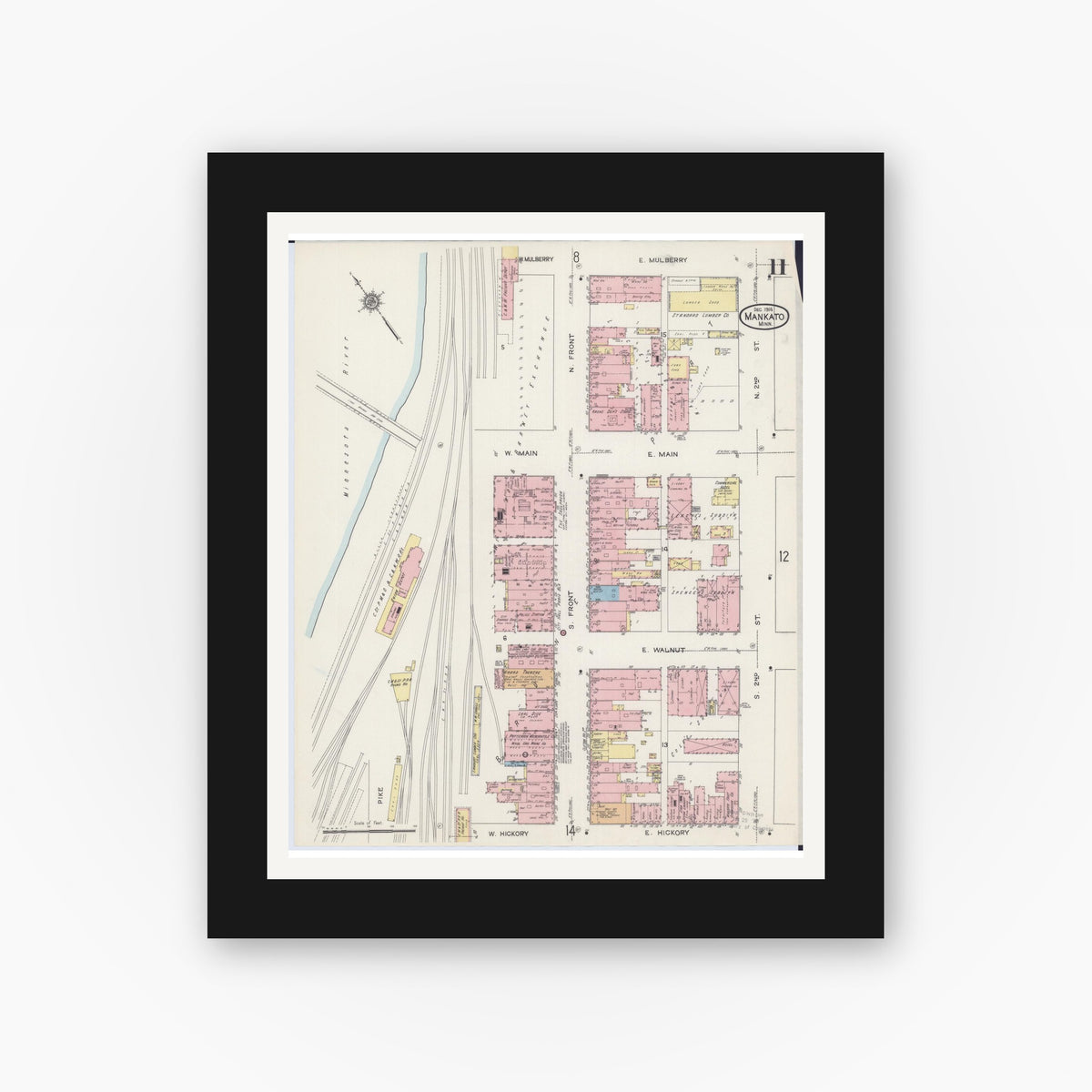 Old map wall art mockup — black gallery frame with white mat — Sanborn Fire Insurance Map from Mankato, Blue Earth County, Minnesota (1914), Sheet #0011