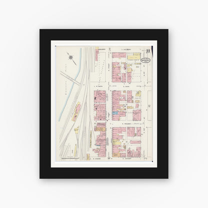 Old map wall art mockup — black gallery frame with white mat — Sanborn Fire Insurance Map from Mankato, Blue Earth County, Minnesota (1914), Sheet #0011
