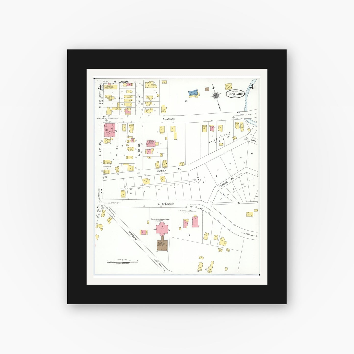 Old map wall art mockup — black gallery frame with white mat — Sanborn Fire Insurance Map from Loveland, Clermont, Hamilton, And Warren County, Ohio (1923), Sheet #0004