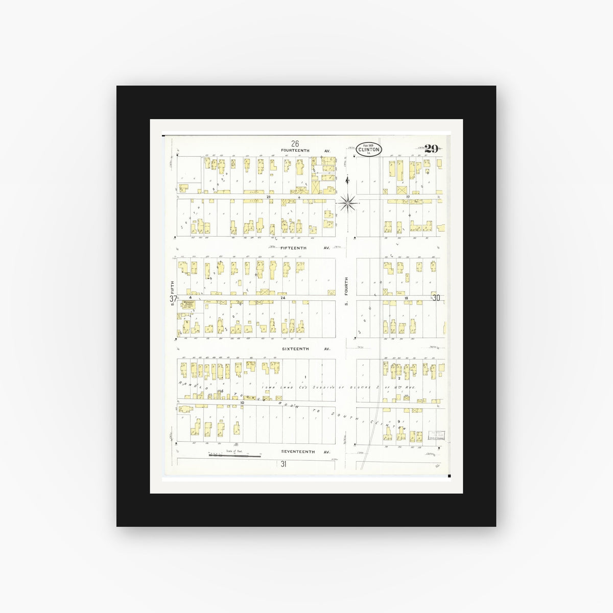 Old map wall art mockup — black gallery frame with white mat — Sanborn Fire Insurance Map from Clinton, Clinton County, Iowa (1909), Sheet #0029