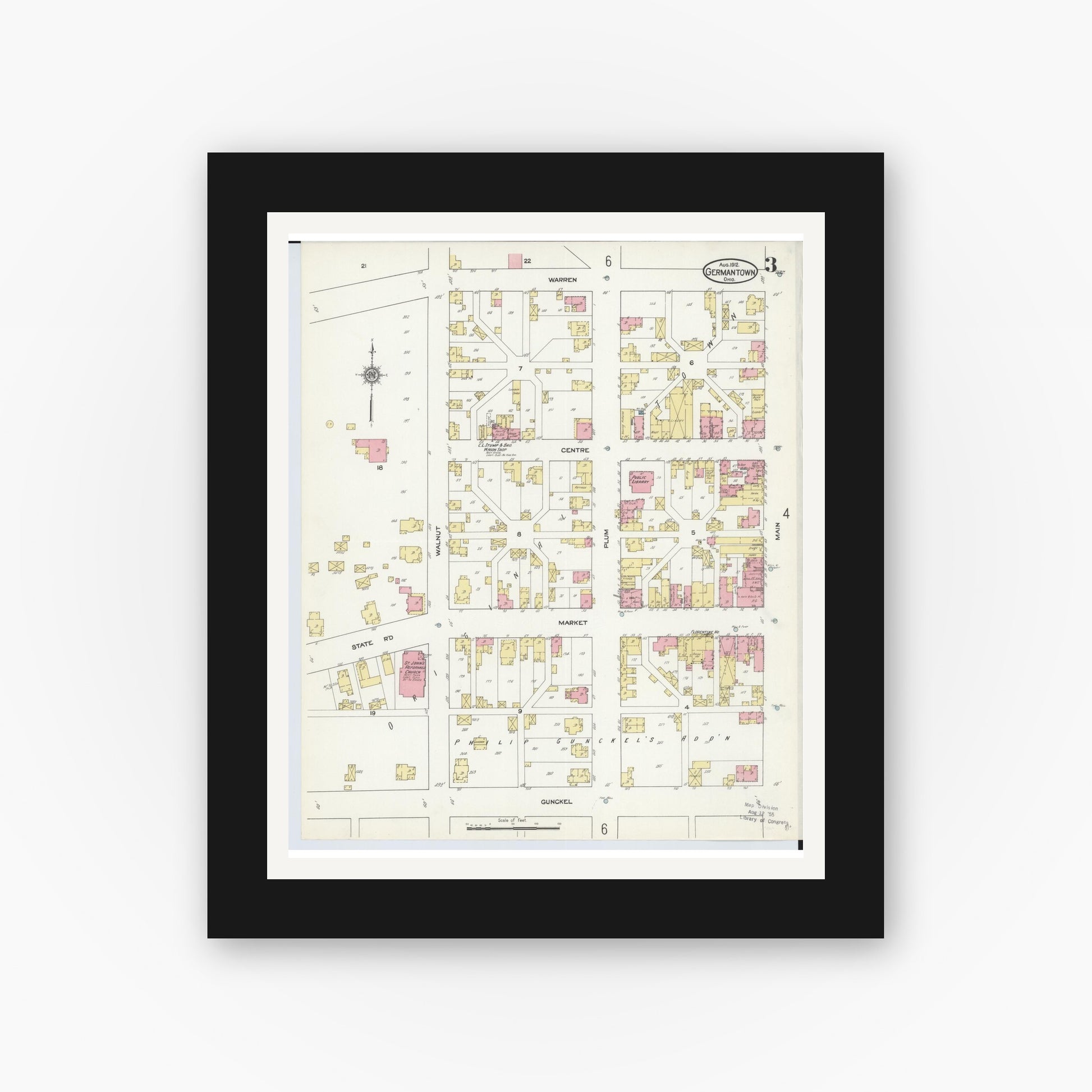 Old map wall art mockup — black gallery frame with white mat — Sanborn Fire Insurance Map from Germantown, Montgomery County, Ohio (1912), Sheet #0003