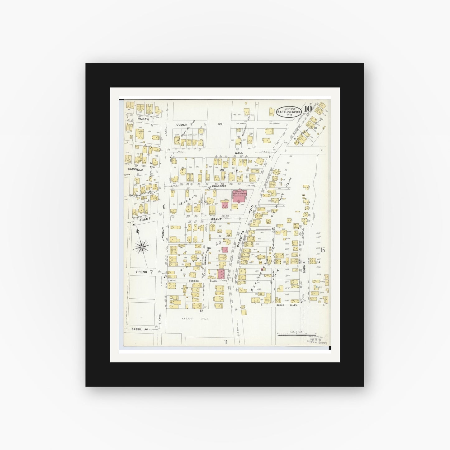 Old map wall art mockup — black gallery frame with white mat — Sanborn Fire Insurance Map from East Liverpool, Columbiana County, Ohio (1908), Sheet #0010