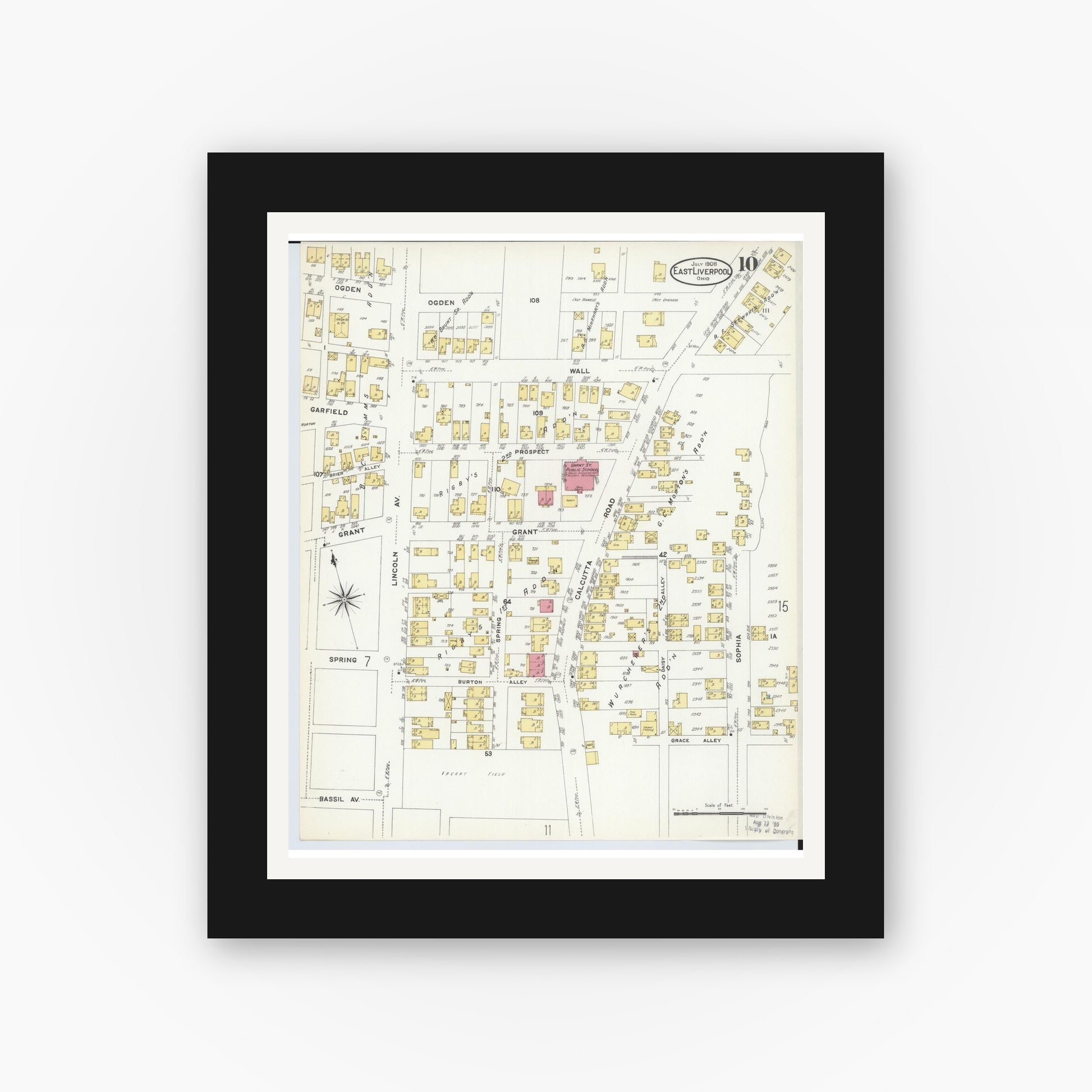 Old map wall art mockup — black gallery frame with white mat — Sanborn Fire Insurance Map from East Liverpool, Columbiana County, Ohio (1908), Sheet #0010