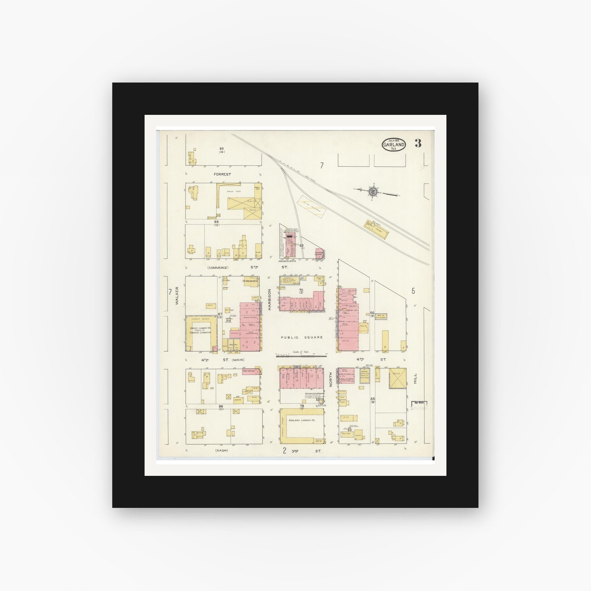 Old map wall art mockup — black gallery frame with white mat — Sanborn Fire Insurance Map from Garland, Dallas County, Texas (1915), Sheet #0003