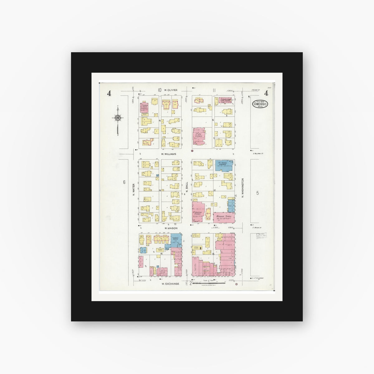 Old map wall art mockup — black gallery frame with white mat — Sanborn Fire Insurance Map from Owosso, Shiawassee County, Michigan (1924), Sheet #0004