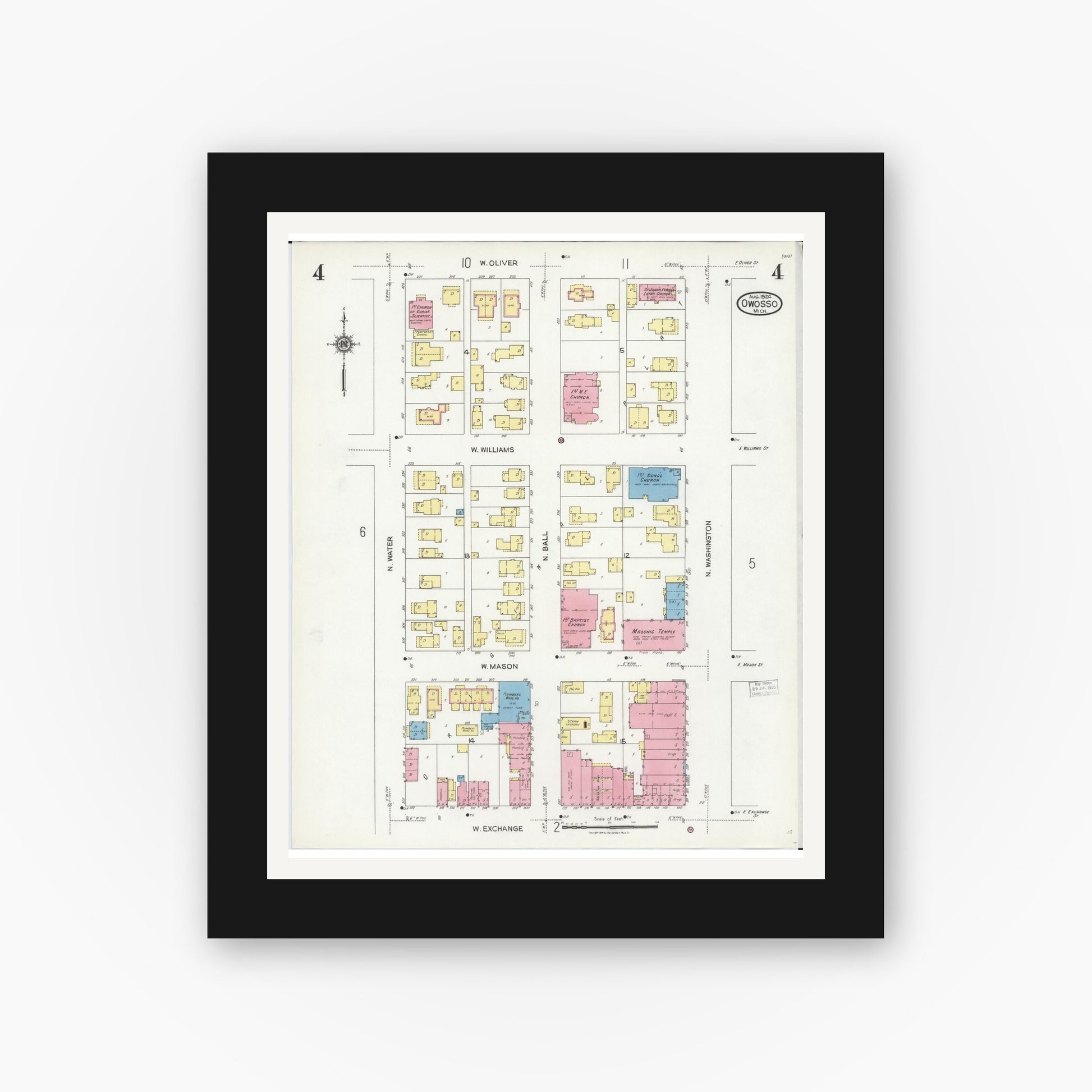 Old map wall art mockup — black gallery frame with white mat — Sanborn Fire Insurance Map from Owosso, Shiawassee County, Michigan (1924), Sheet #0004