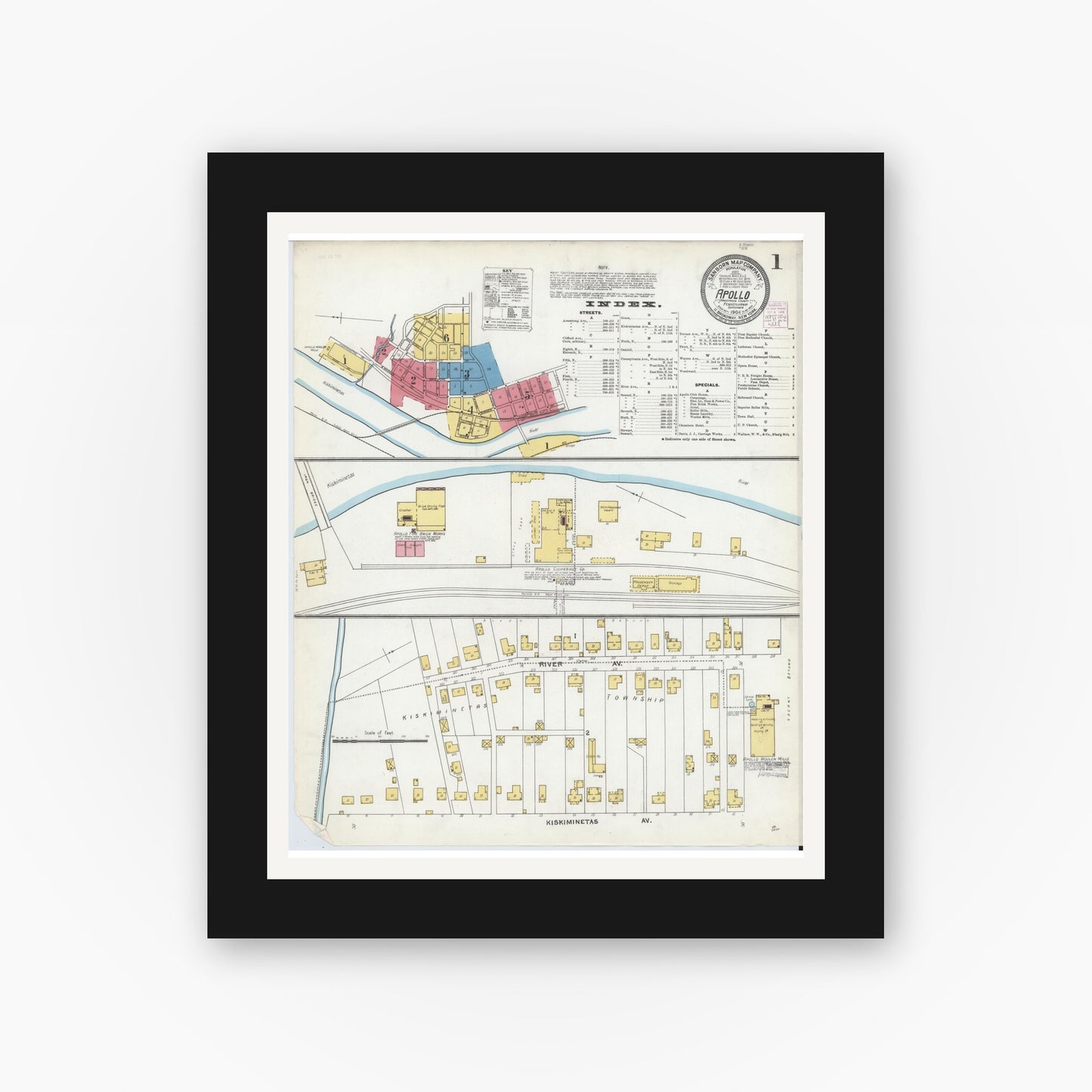 Old map wall art mockup — black gallery frame with white mat — Sanborn Fire Insurance Map from Apollo, Armstrong County, Pennsylvania (1904), Sheet #0001